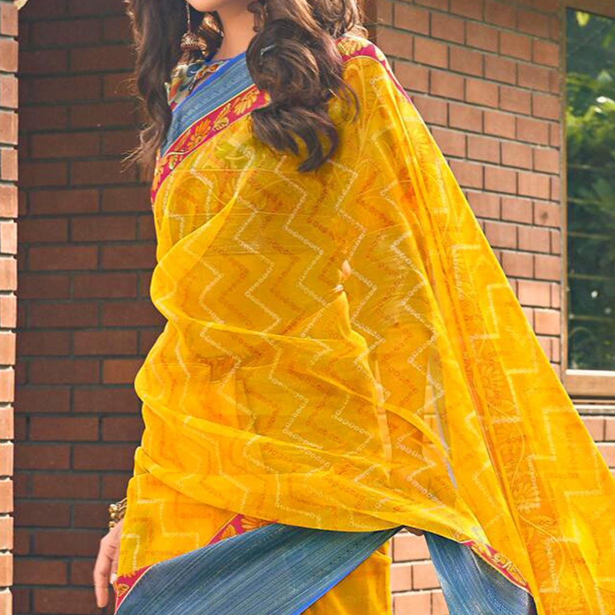 Yellow Casual Wear Bandhej Printed Kalamkari Silk Saree - Peachmode