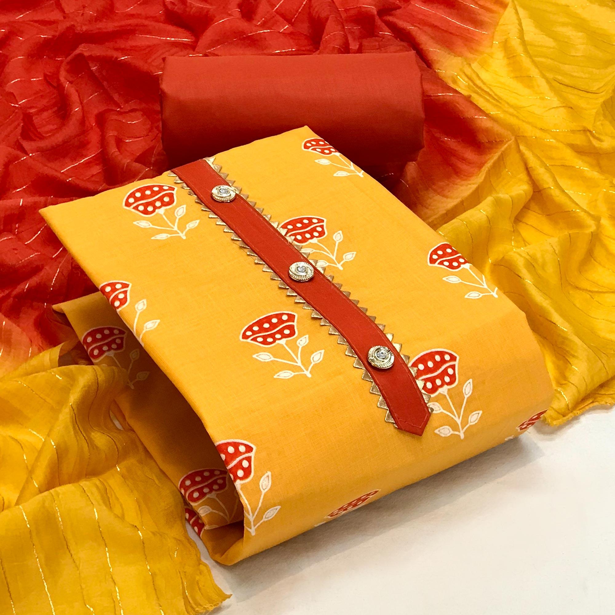 Yellow Casual Wear Block Printed Cotton Dress Material - Peachmode