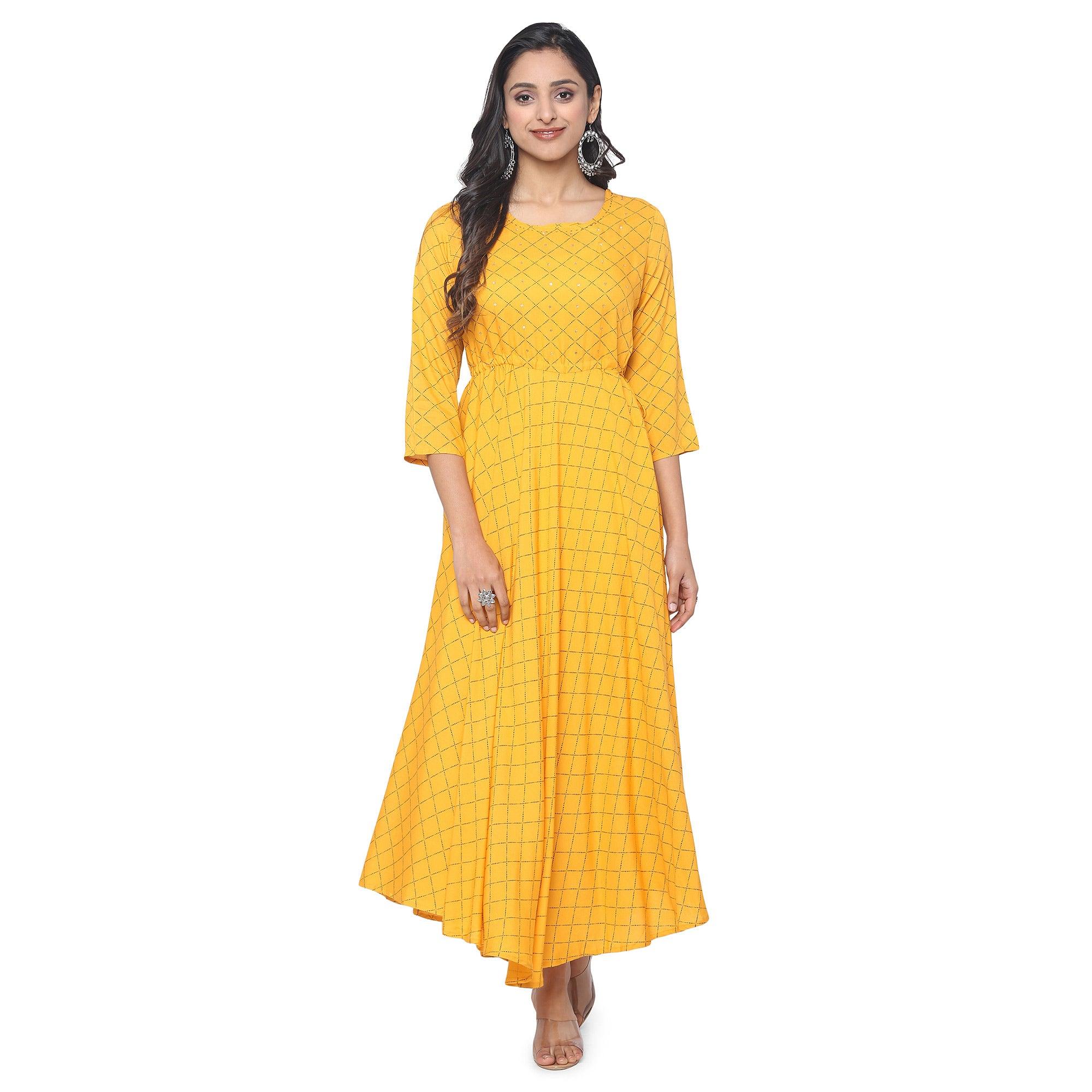 Yellow Casual Wear Checks Printed Rayon Long Kurti - Peachmode