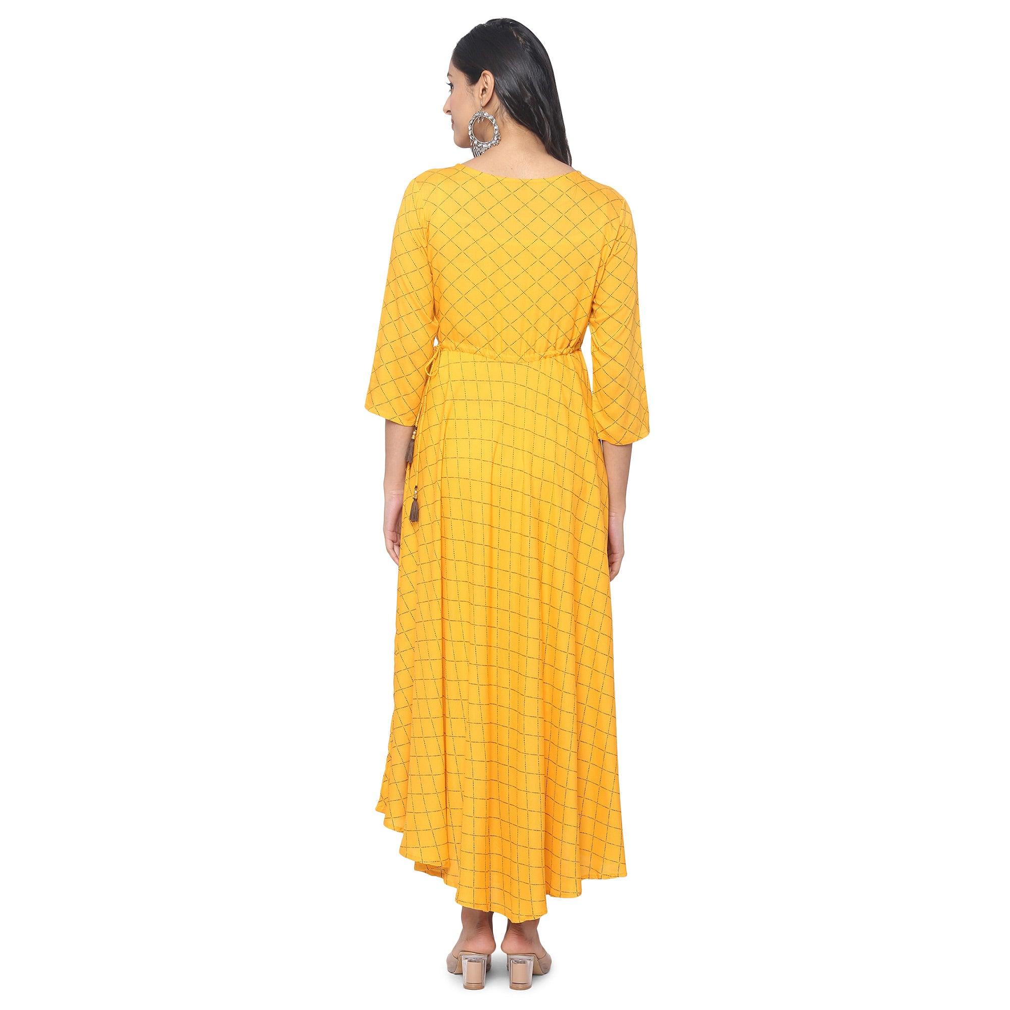 Yellow Casual Wear Checks Printed Rayon Long Kurti - Peachmode