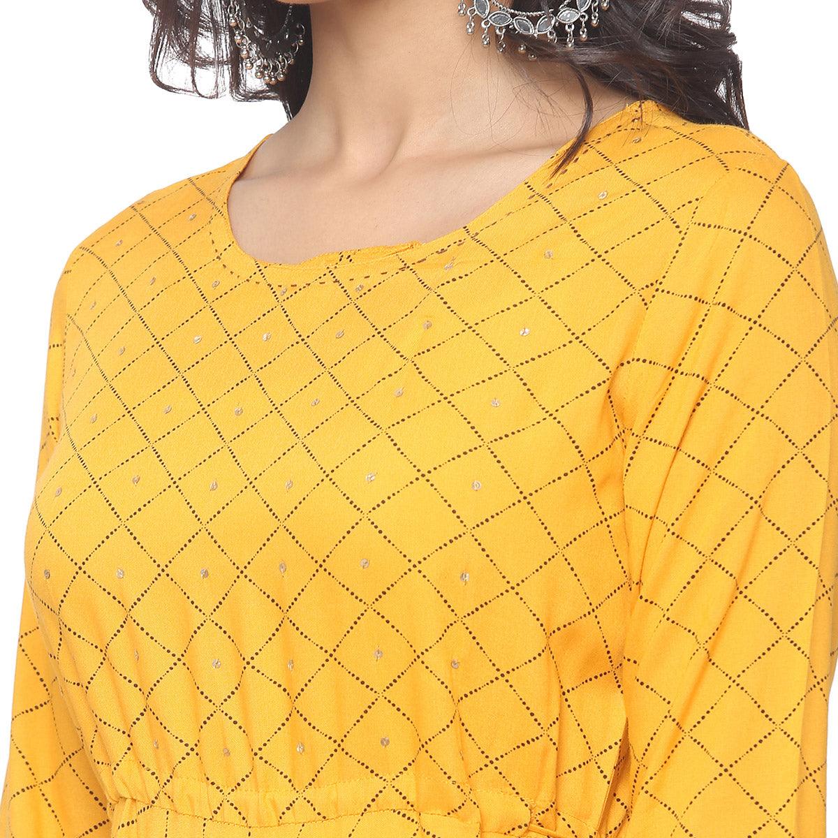 Yellow Casual Wear Checks Printed Rayon Long Kurti - Peachmode