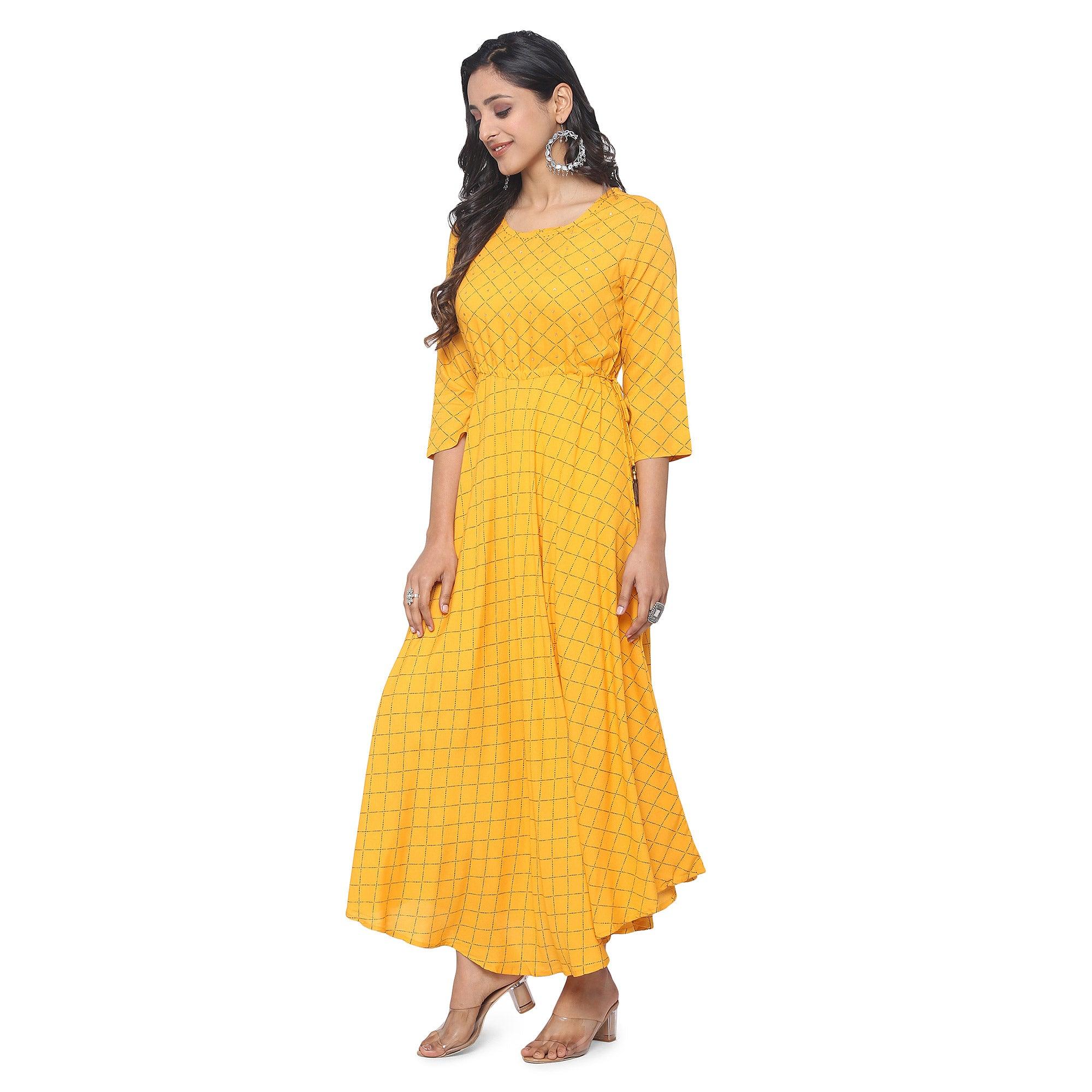 Yellow Casual Wear Checks Printed Rayon Long Kurti - Peachmode