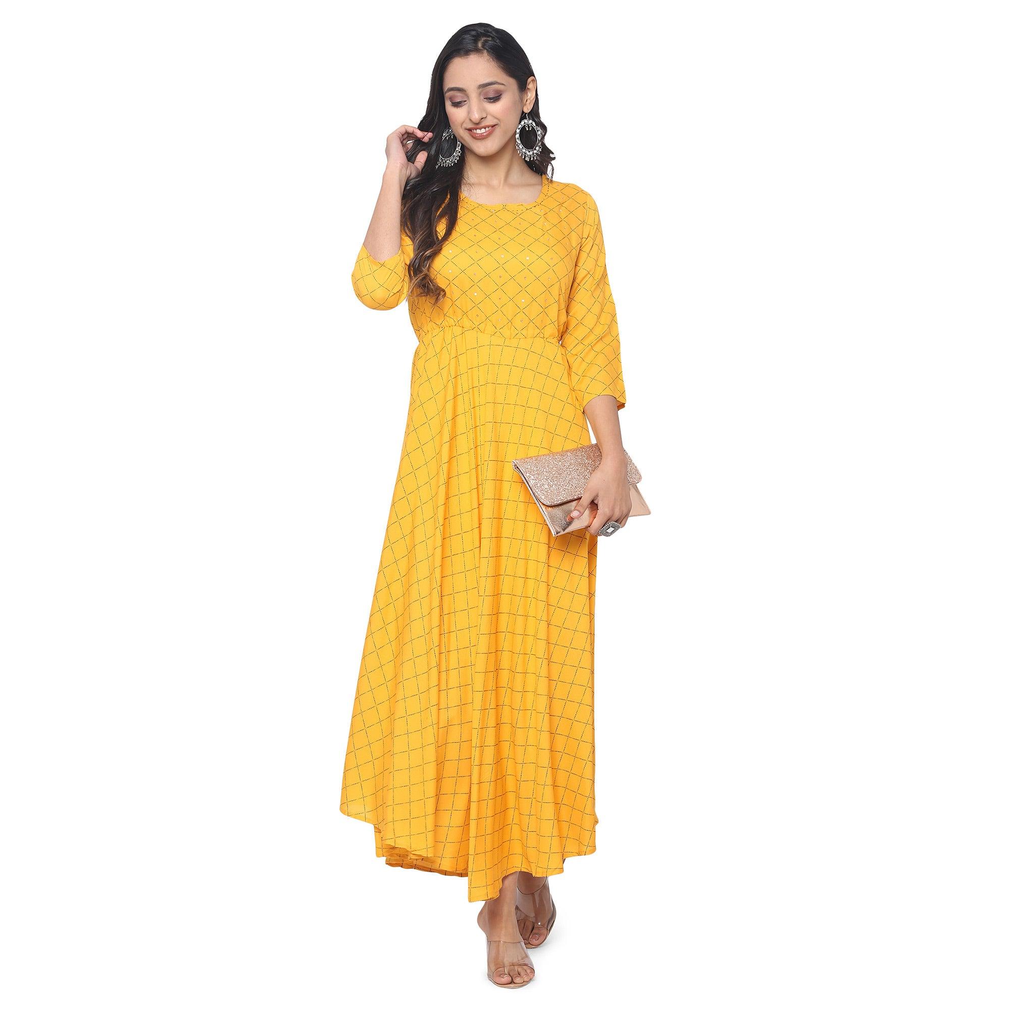 Yellow Casual Wear Checks Printed Rayon Long Kurti - Peachmode