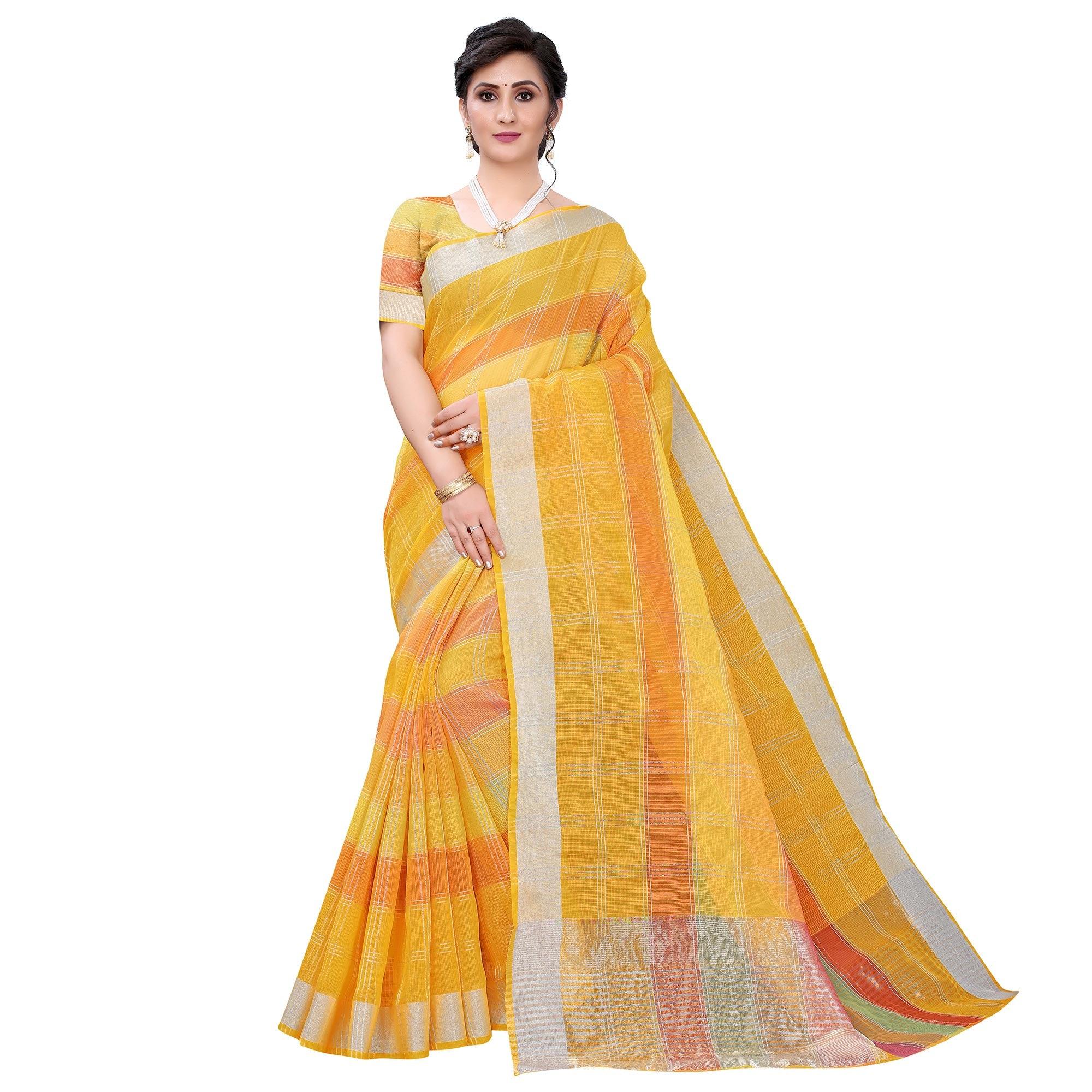 Yellow Casual Wear Checks Printed Silk Saree With Border - Peachmode