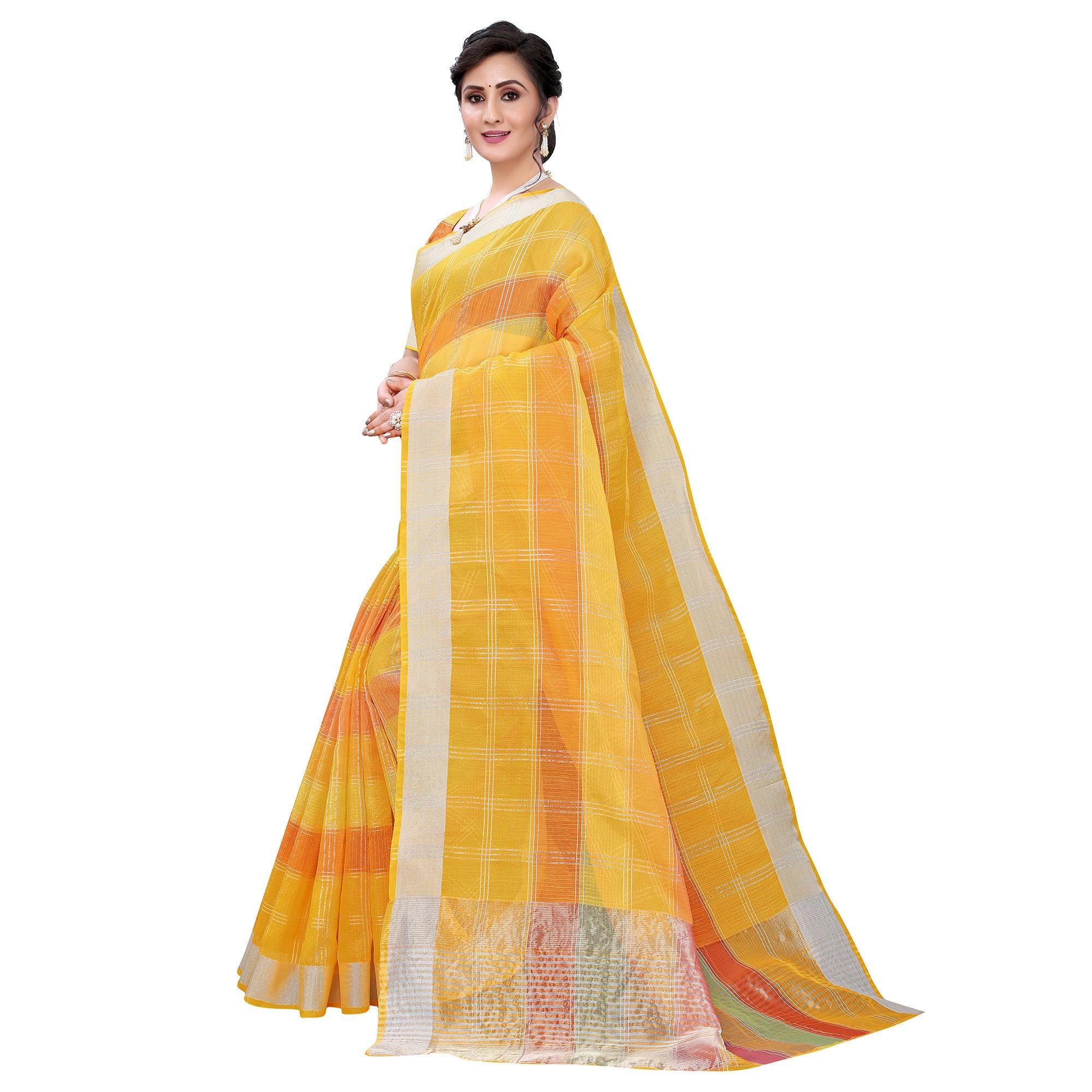 Yellow Casual Wear Checks Printed Silk Saree With Border - Peachmode