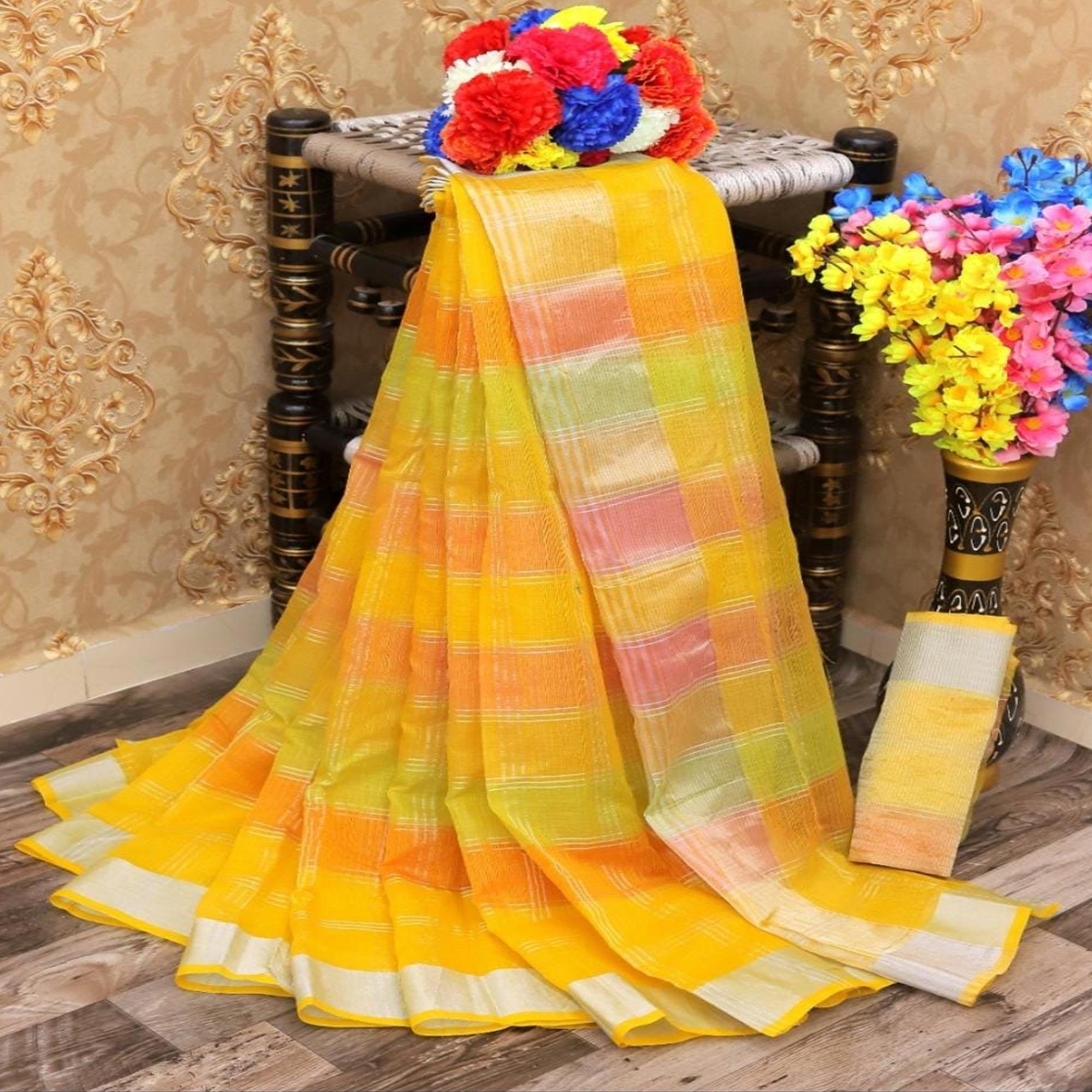 Yellow Casual Wear Checks Printed Silk Saree With Border - Peachmode