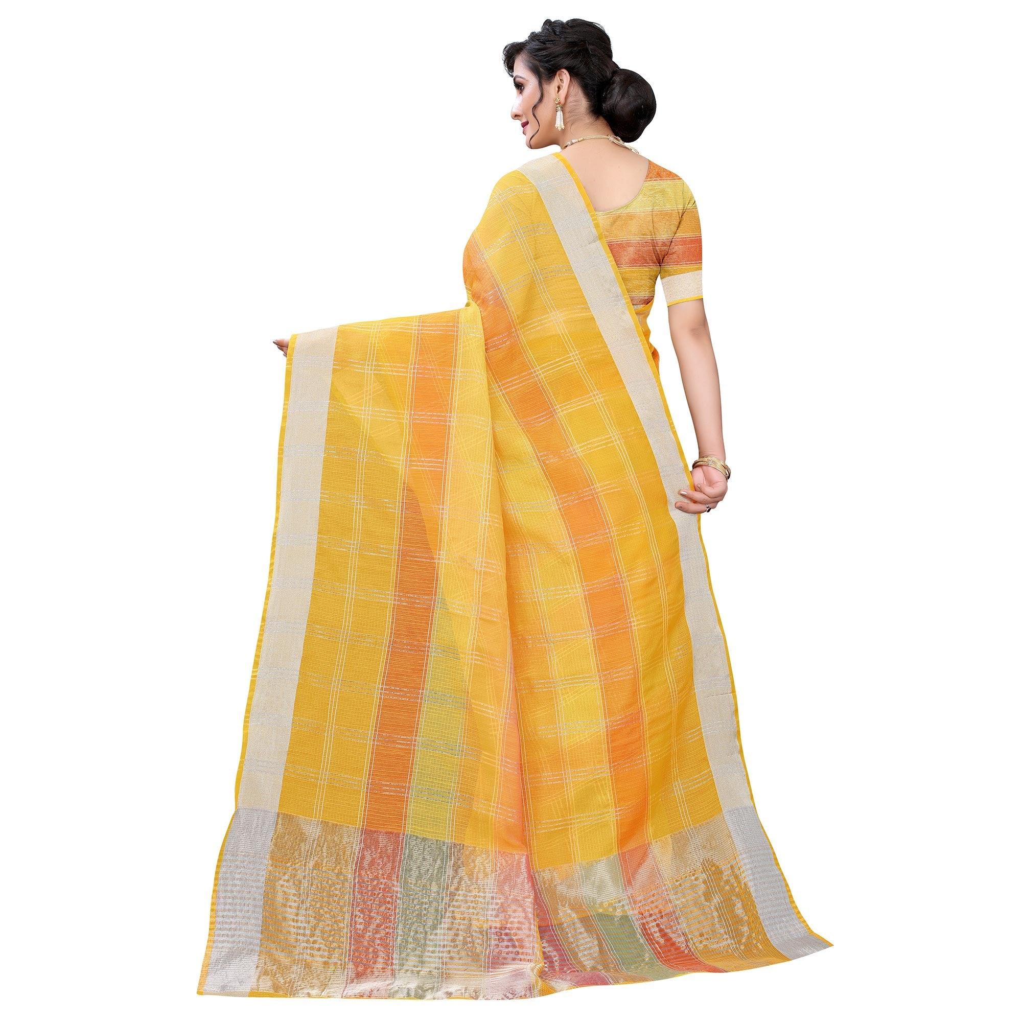Yellow Casual Wear Checks Printed Silk Saree With Border - Peachmode