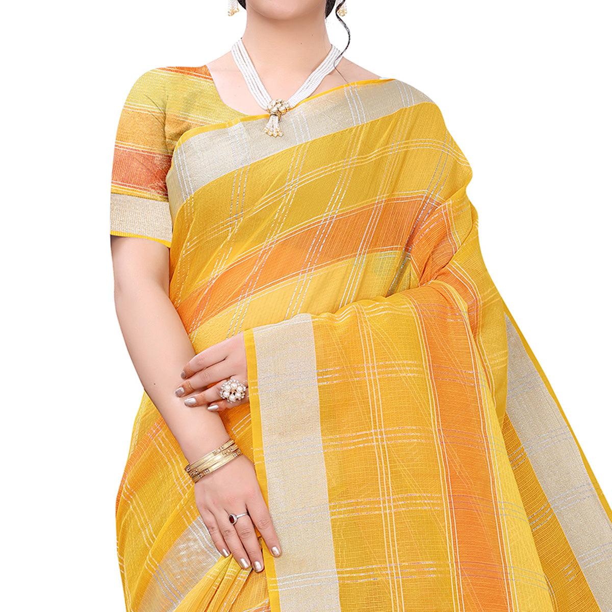 Yellow Casual Wear Checks Printed Silk Saree With Border - Peachmode