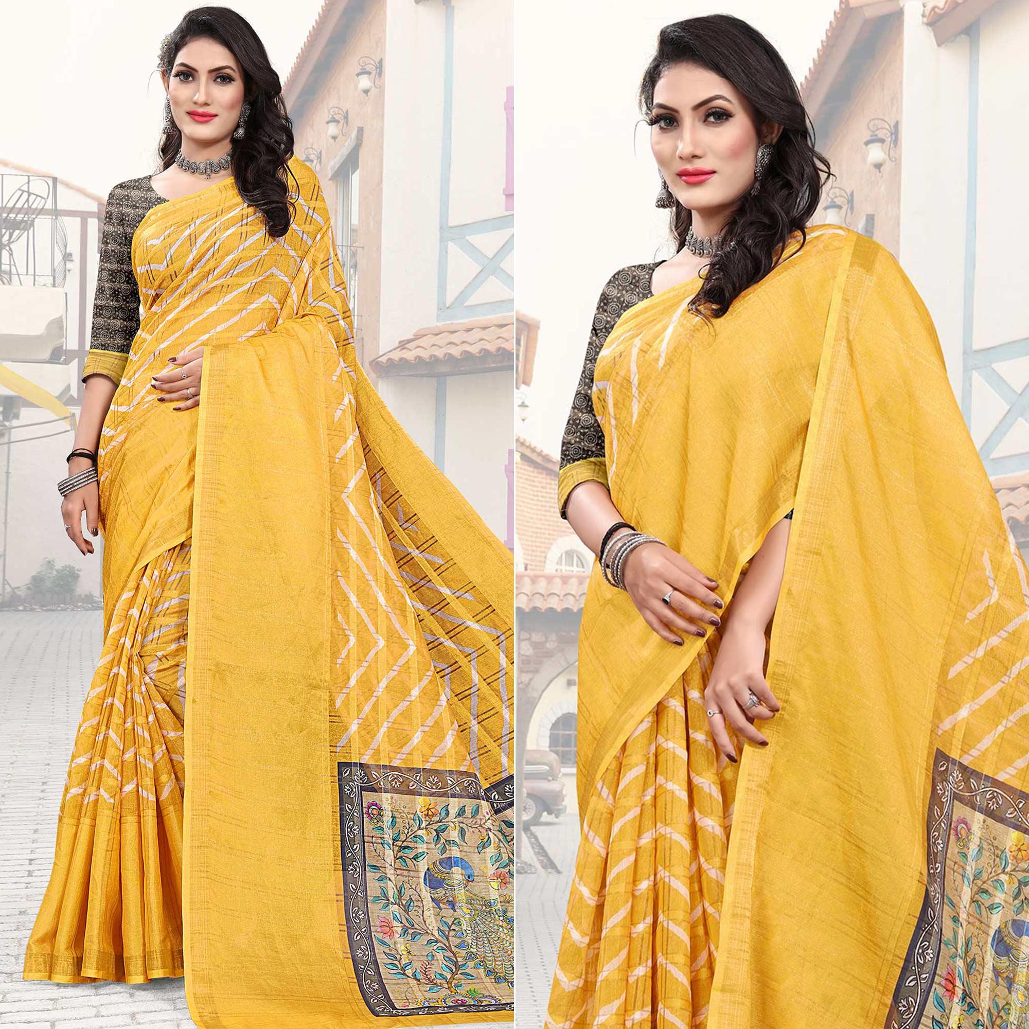 Yellow Casual Wear Digital Printed Cotton Silk Saree - Peachmode