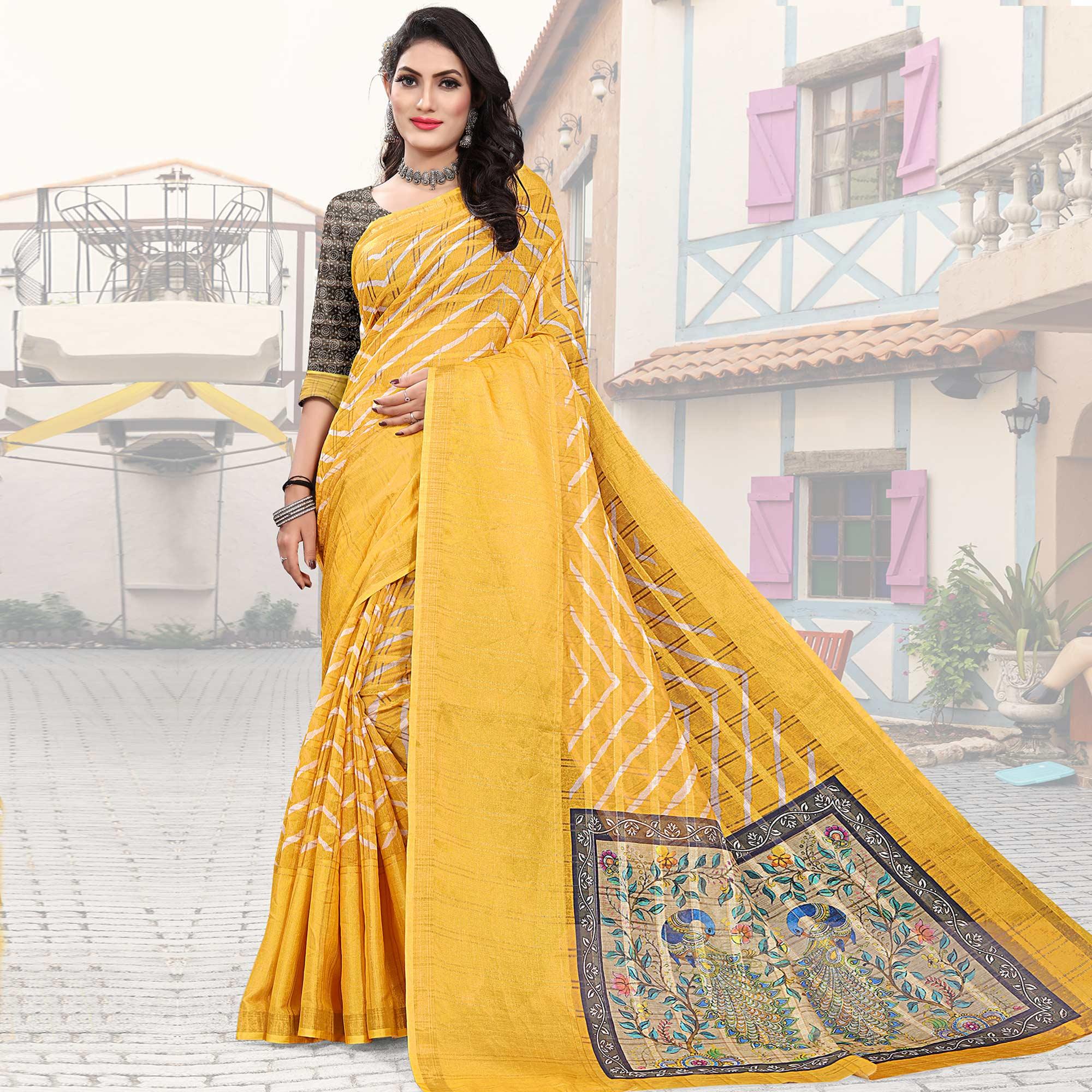 Yellow Casual Wear Digital Printed Cotton Silk Saree - Peachmode