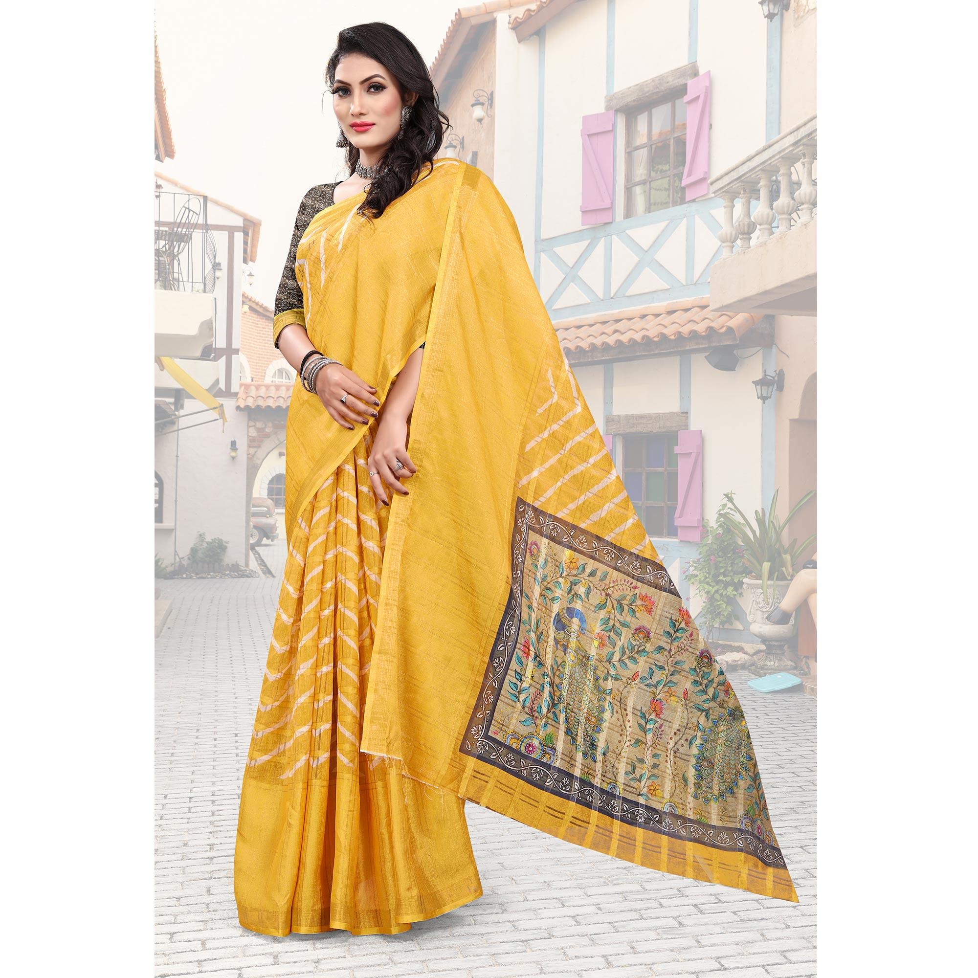 Yellow Casual Wear Digital Printed Cotton Silk Saree - Peachmode