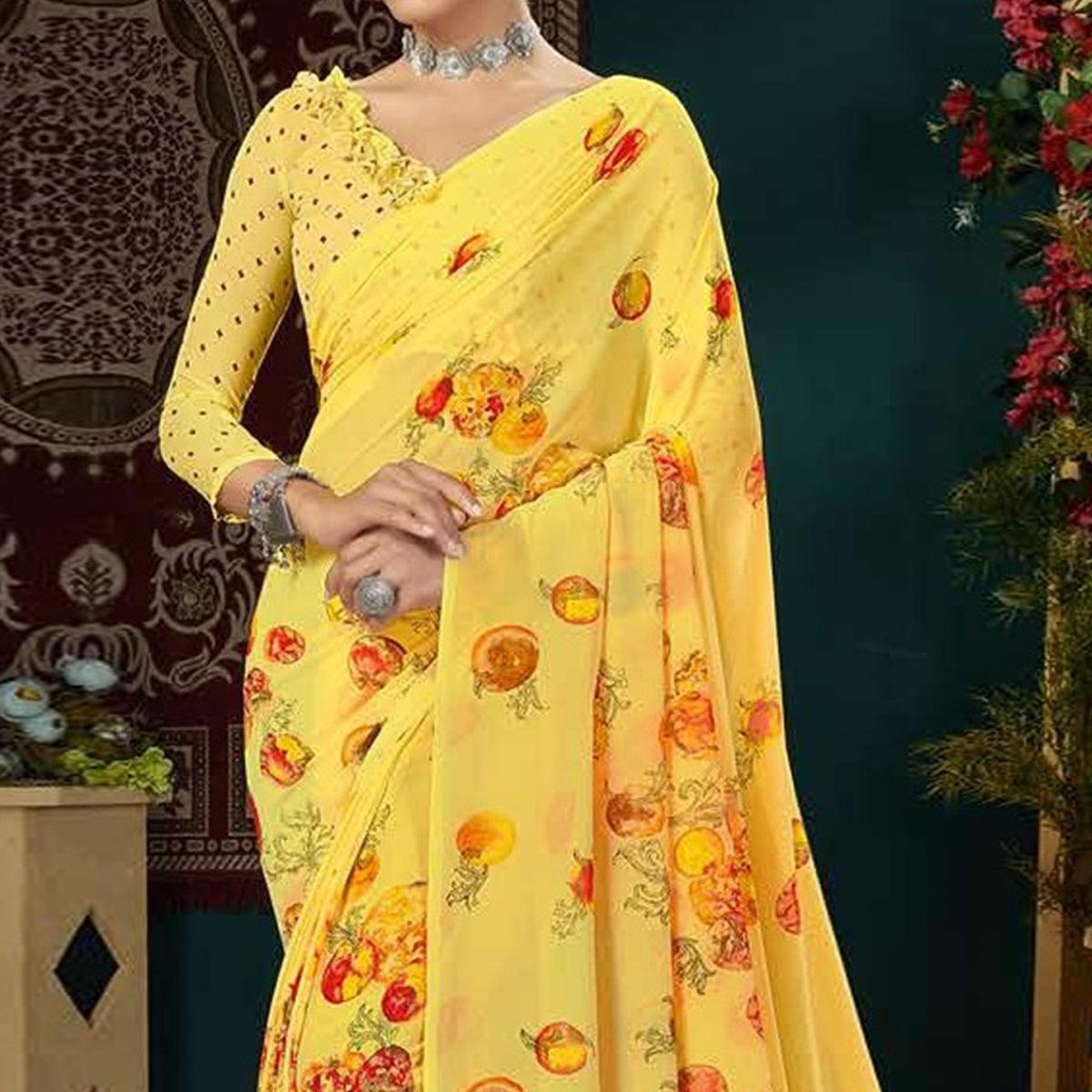 Yellow Casual Wear Digital Printed Georgette Saree - Peachmode