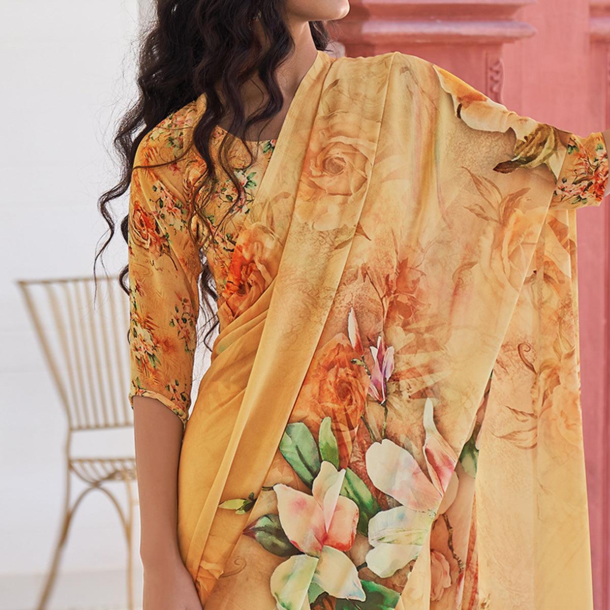 Yellow Casual Wear Digital Printed Satin Georgette Saree - Peachmode