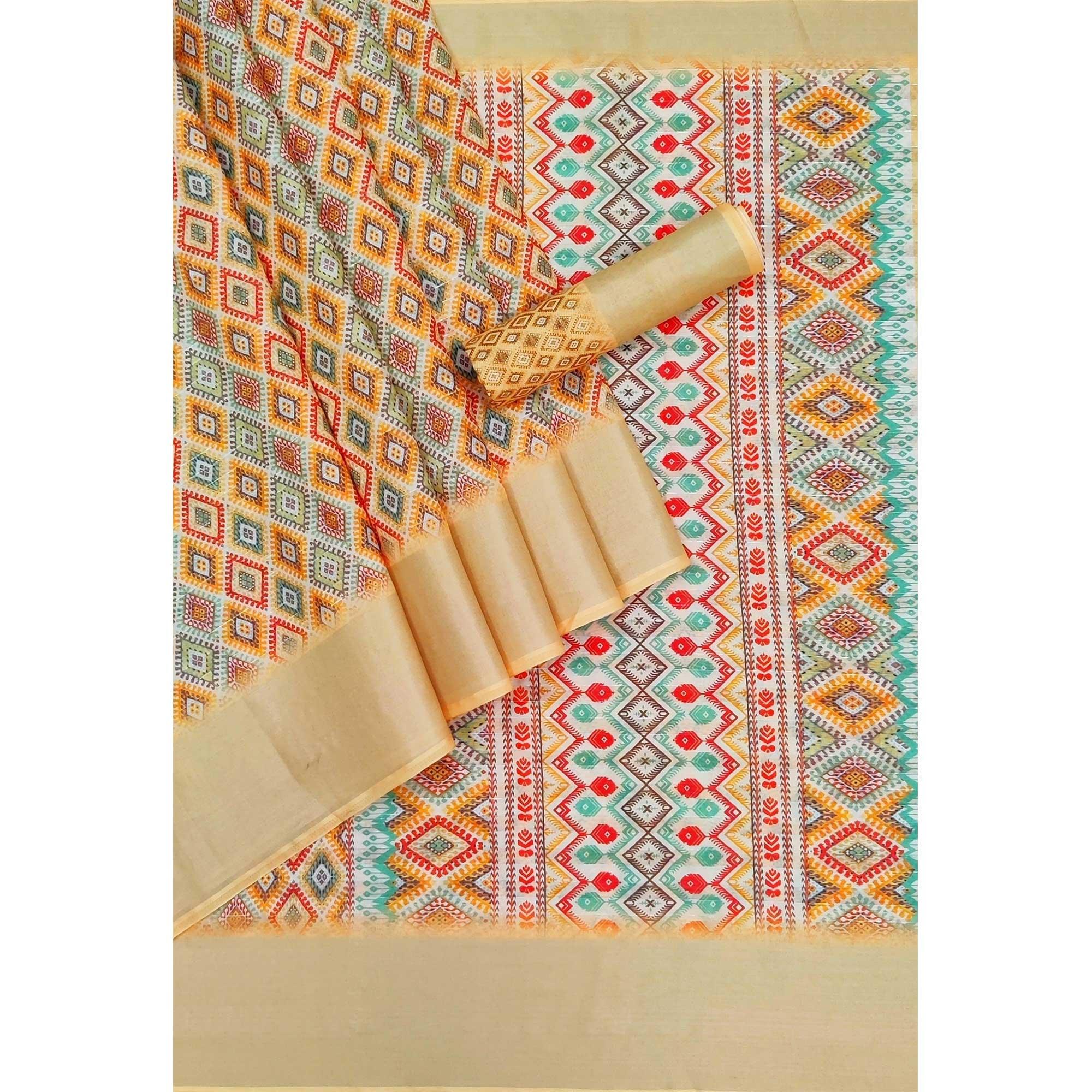 Yellow Casual Wear Digital Printed Silk Saree With jacquard Border - Peachmode