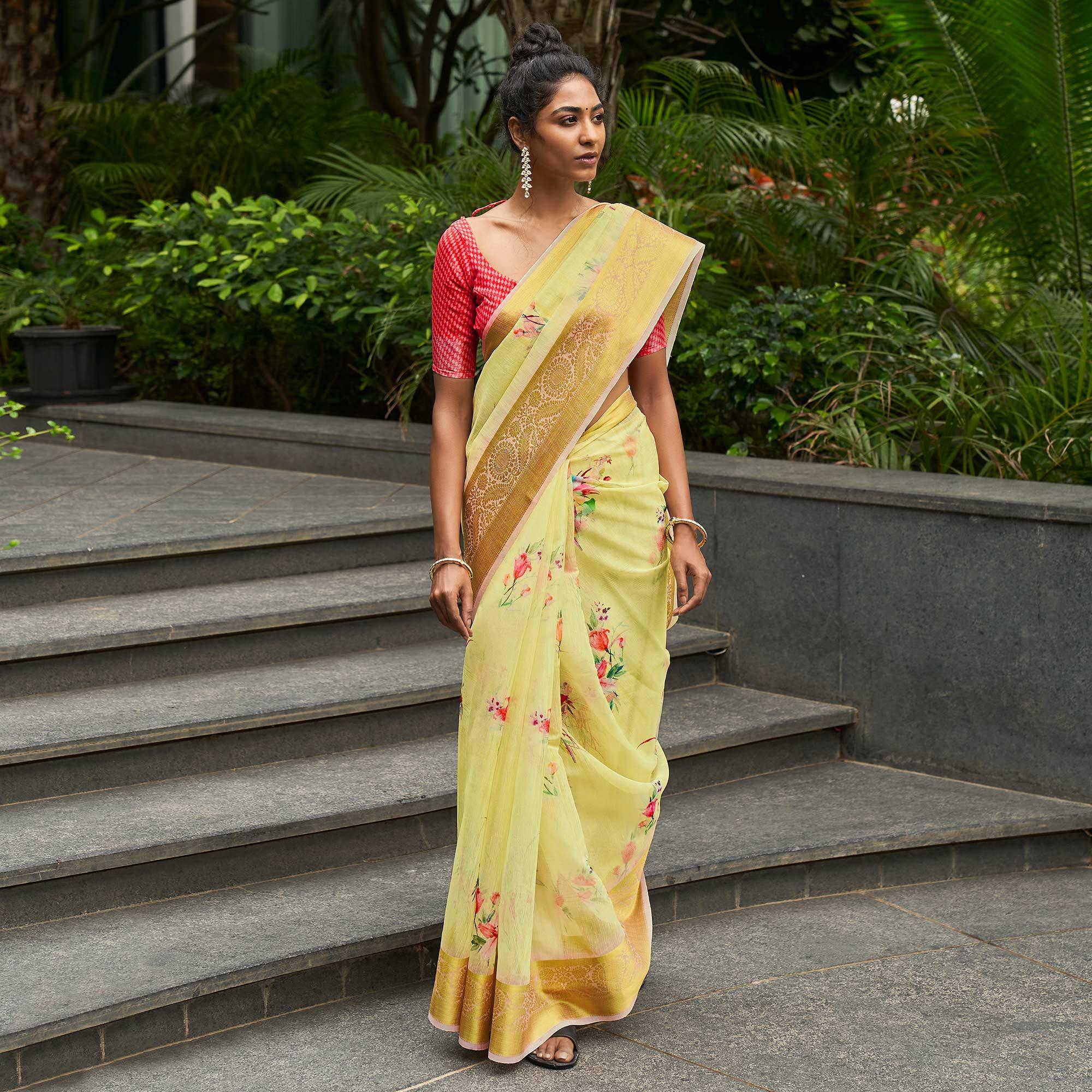 Yellow Casual Wear Digital Printed Soft Organza Saree - Peachmode