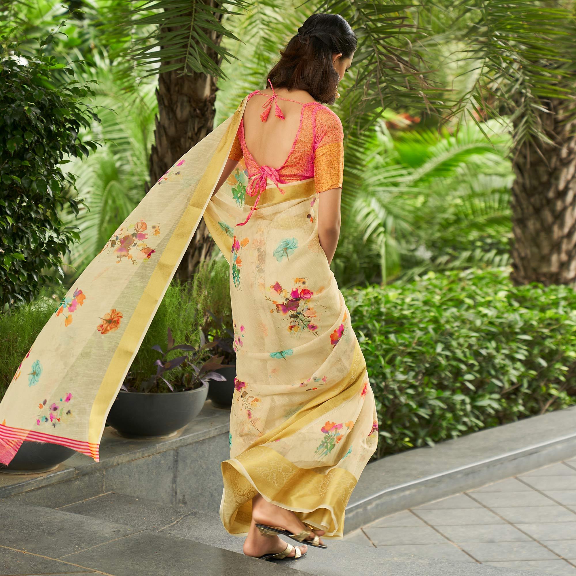 Yellow Casual Wear Digital Printed Soft Organza Saree - Peachmode