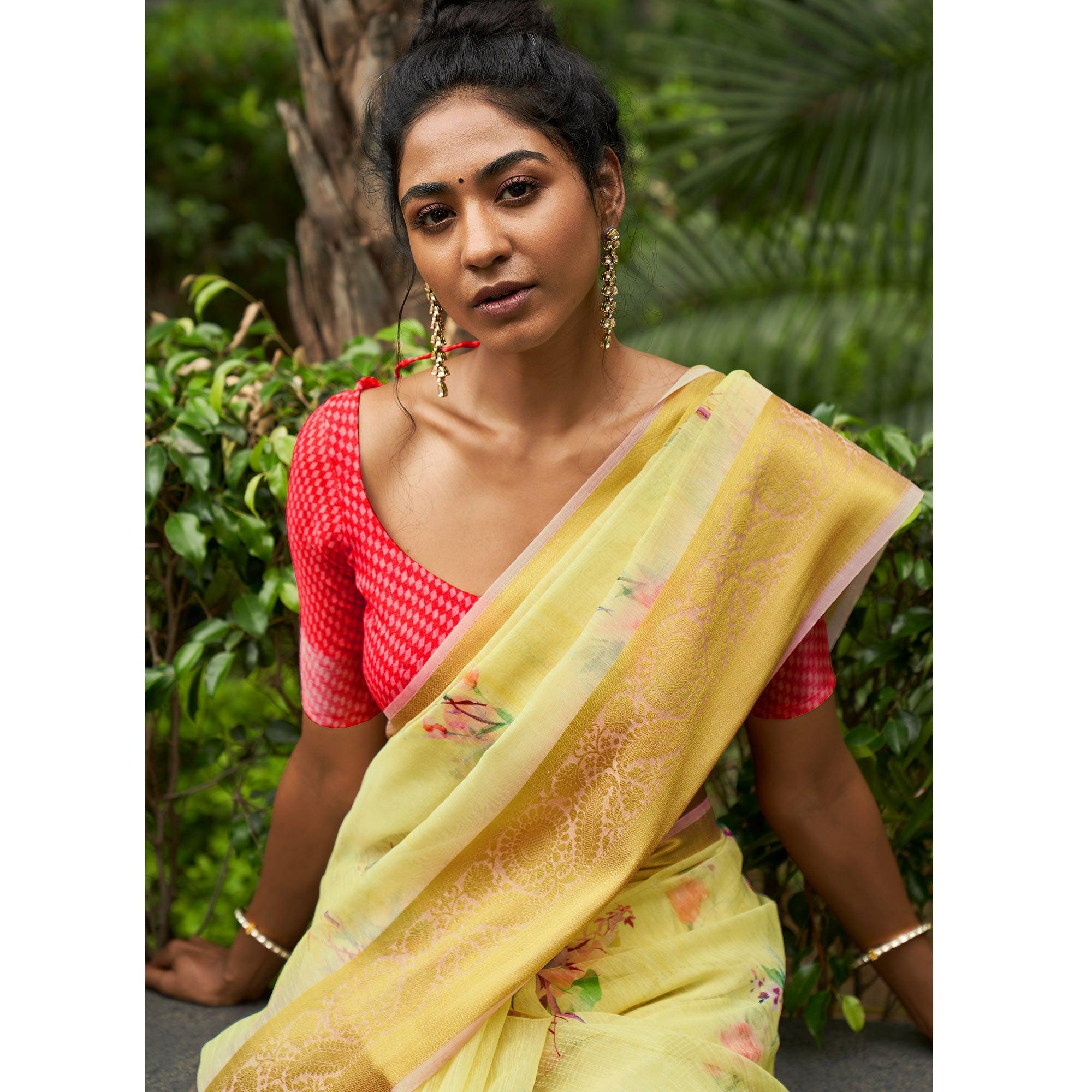 Yellow Casual Wear Digital Printed Soft Organza Saree - Peachmode