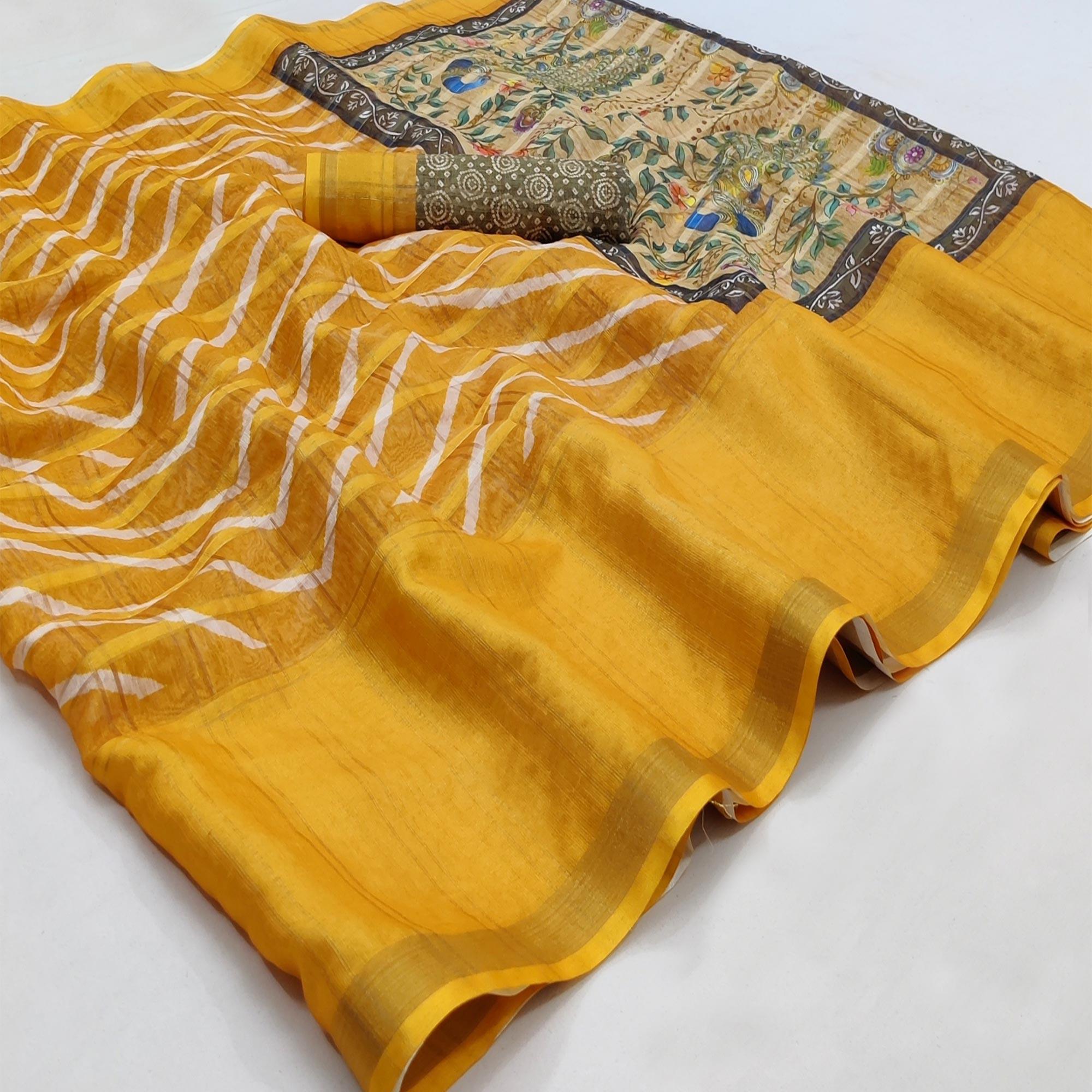 Yellow Casual Wear Digital Striped Printed Silk Saree With Jari Jacquard Border - Peachmode