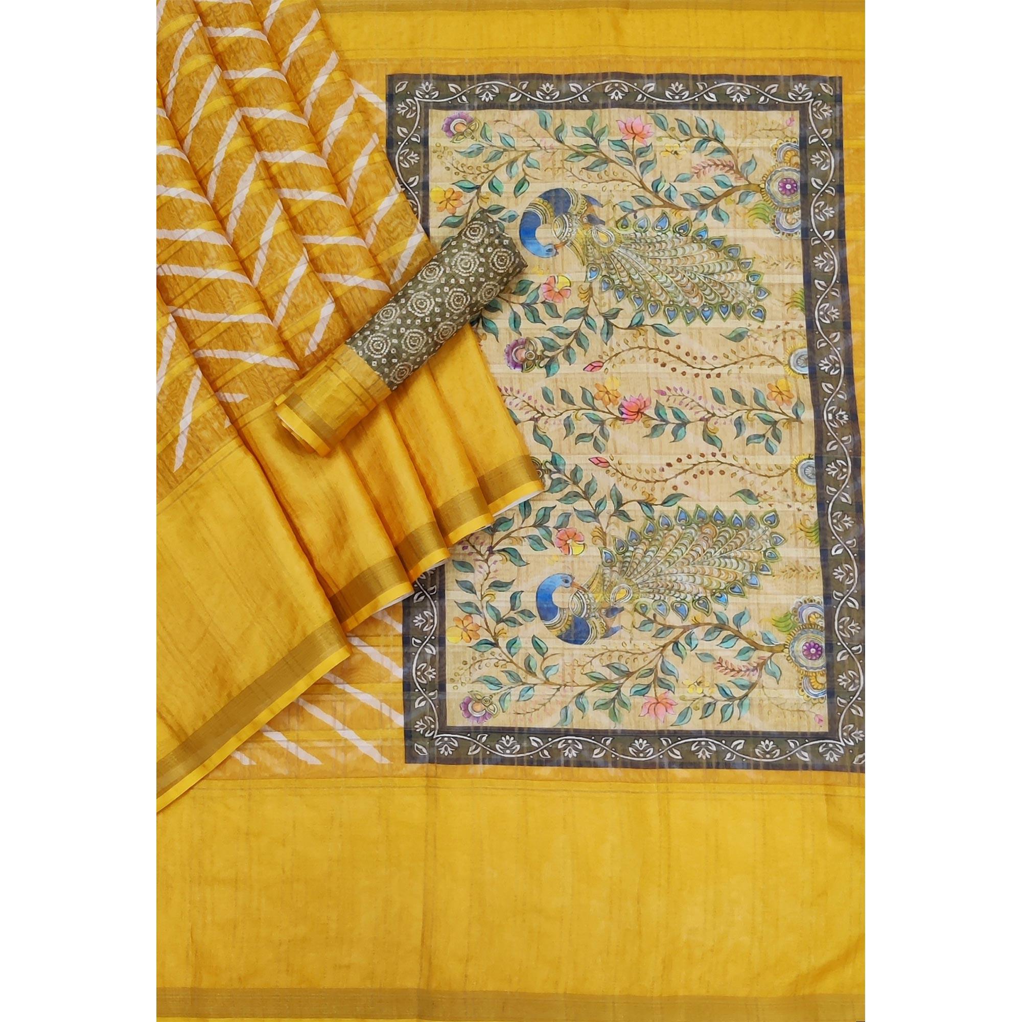 Yellow Casual Wear Digital Striped Printed Silk Saree With Jari Jacquard Border - Peachmode