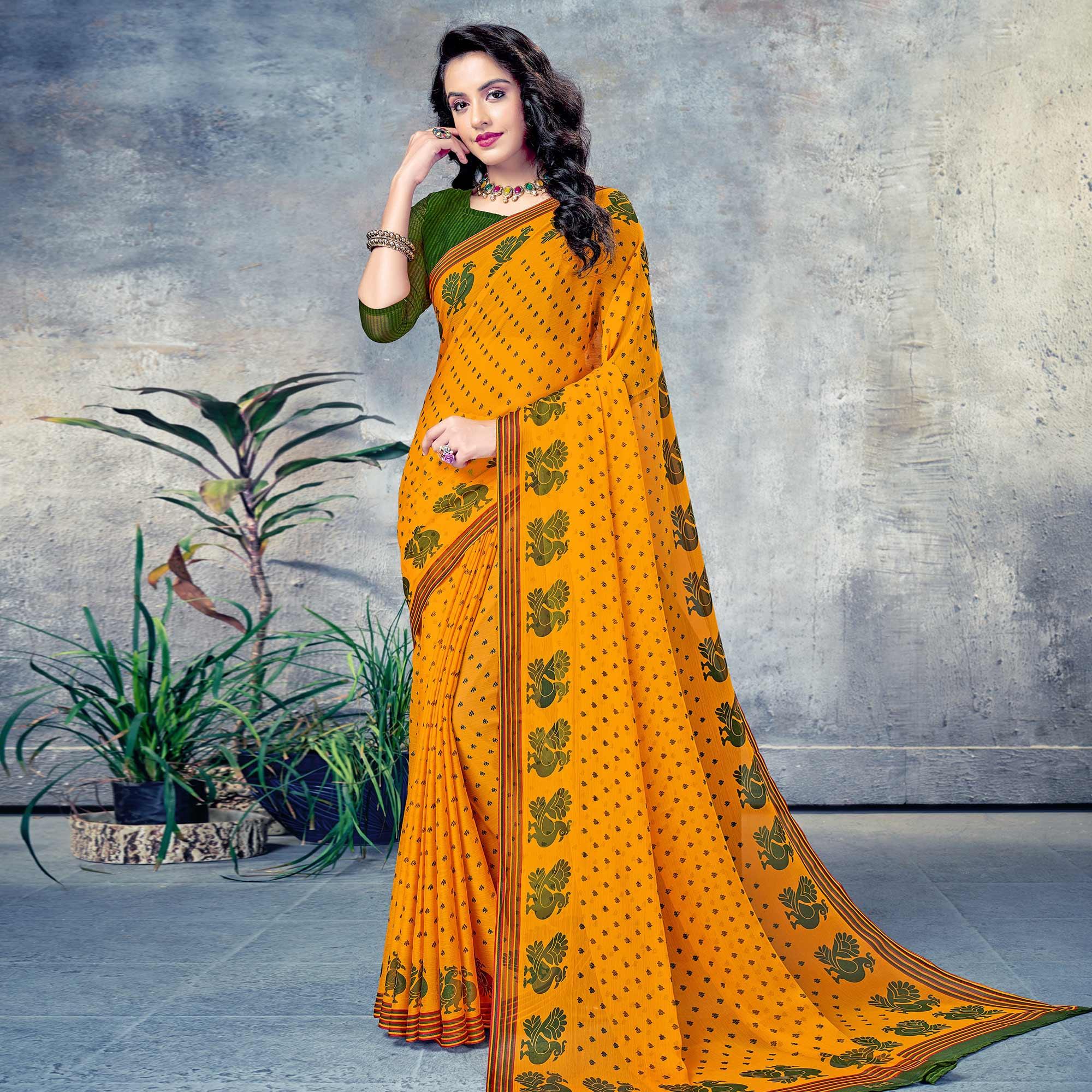 Yellow Casual Wear Dotted Printed Chiffon Saree - Peachmode