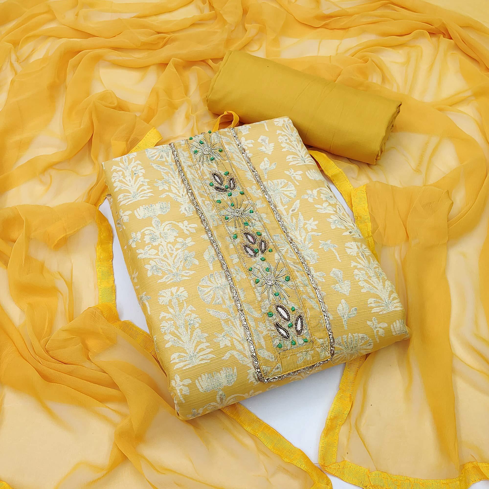 Yellow Casual Wear Embellished With Printed Cotton Dress Material - Peachmode