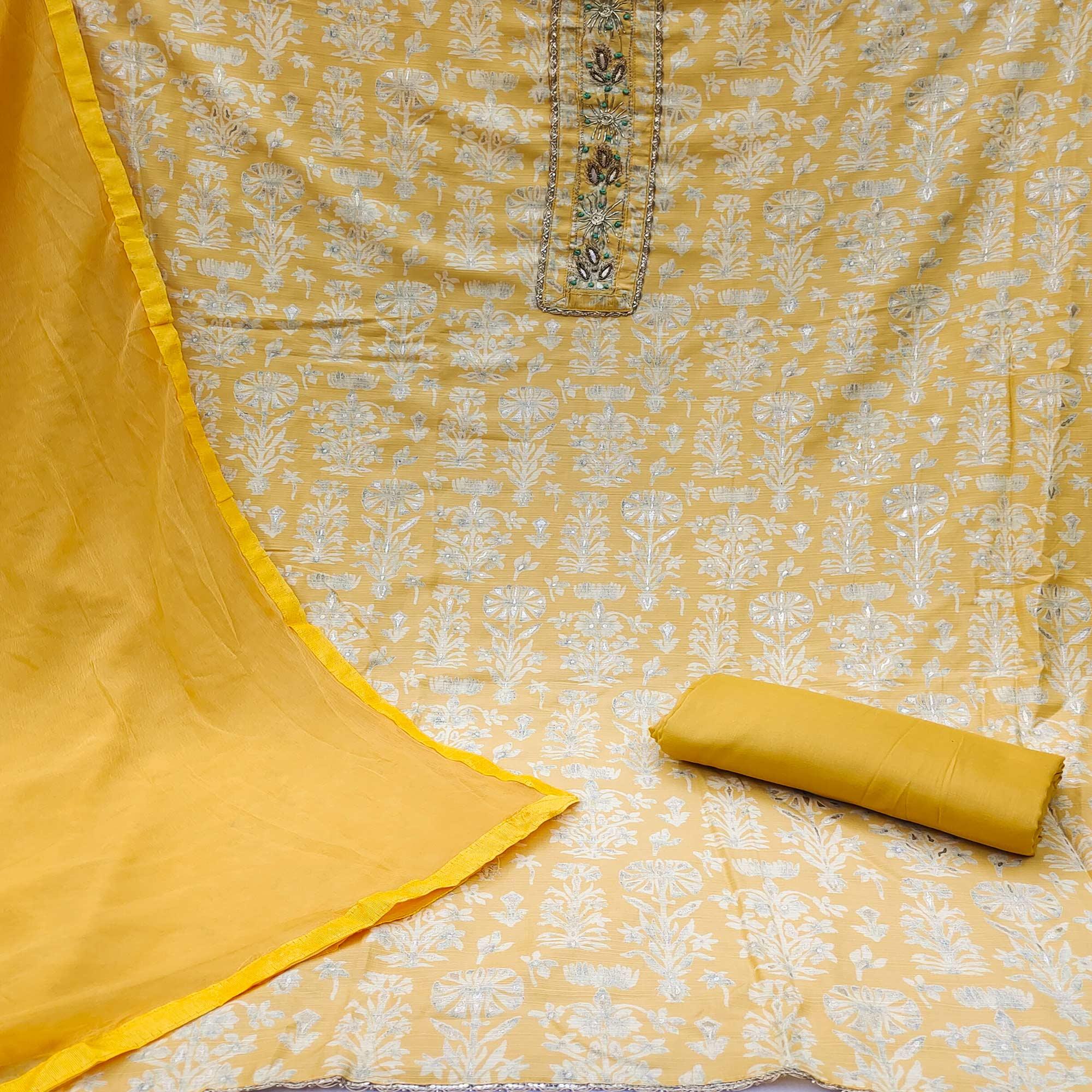 Yellow Casual Wear Embellished With Printed Cotton Dress Material - Peachmode