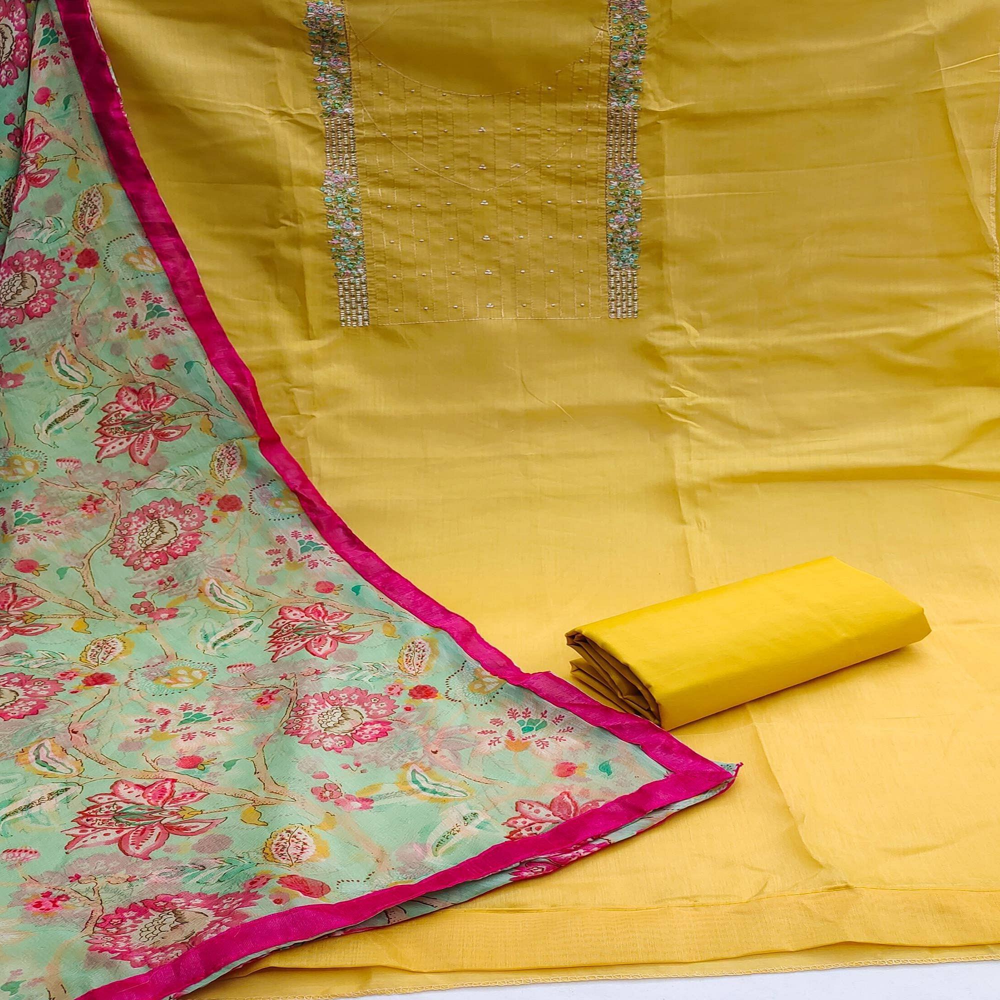 Yellow Casual Wear Embroidered Chanderi Cotton Dress Material - Peachmode