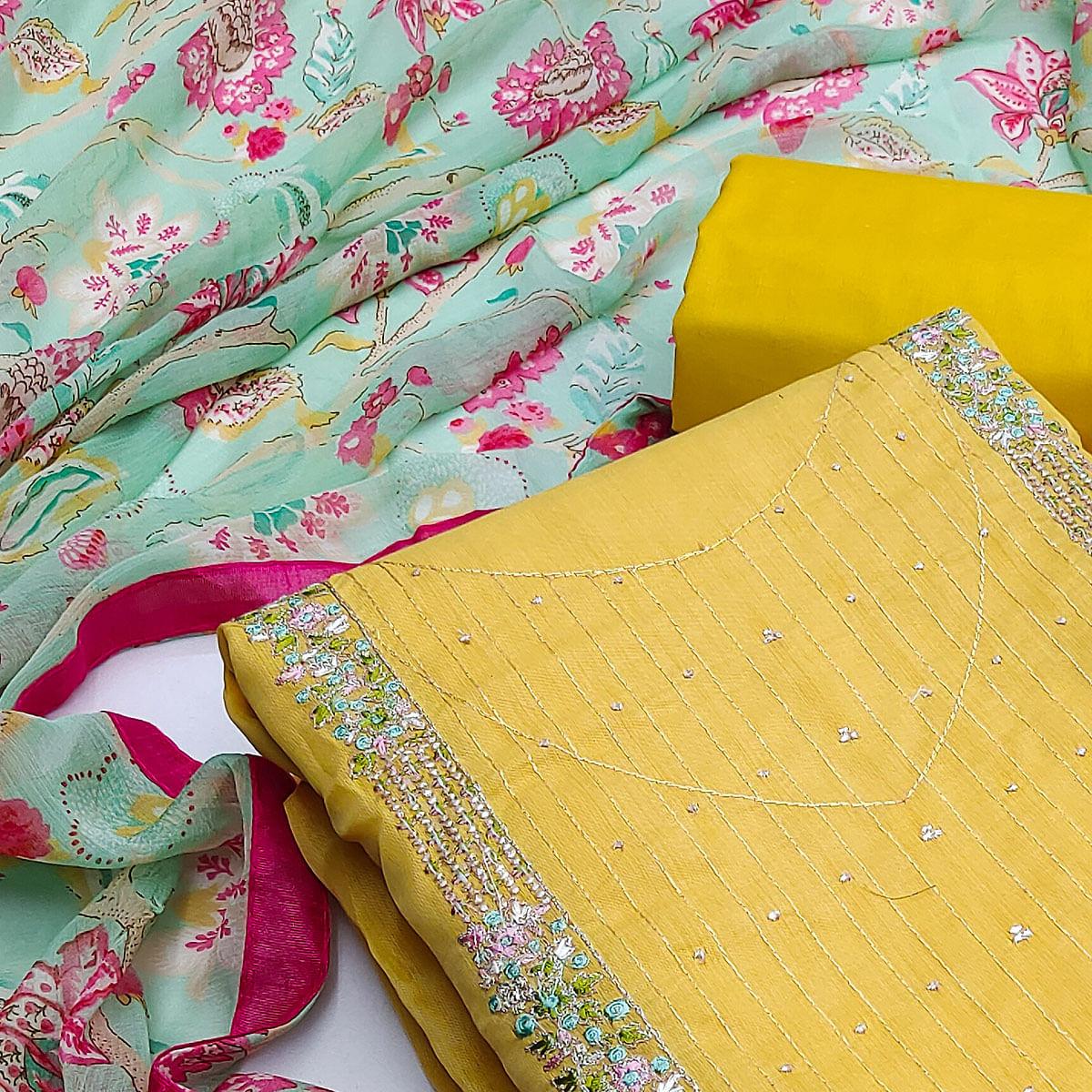 Yellow Casual Wear Embroidered Chanderi Cotton Dress Material - Peachmode