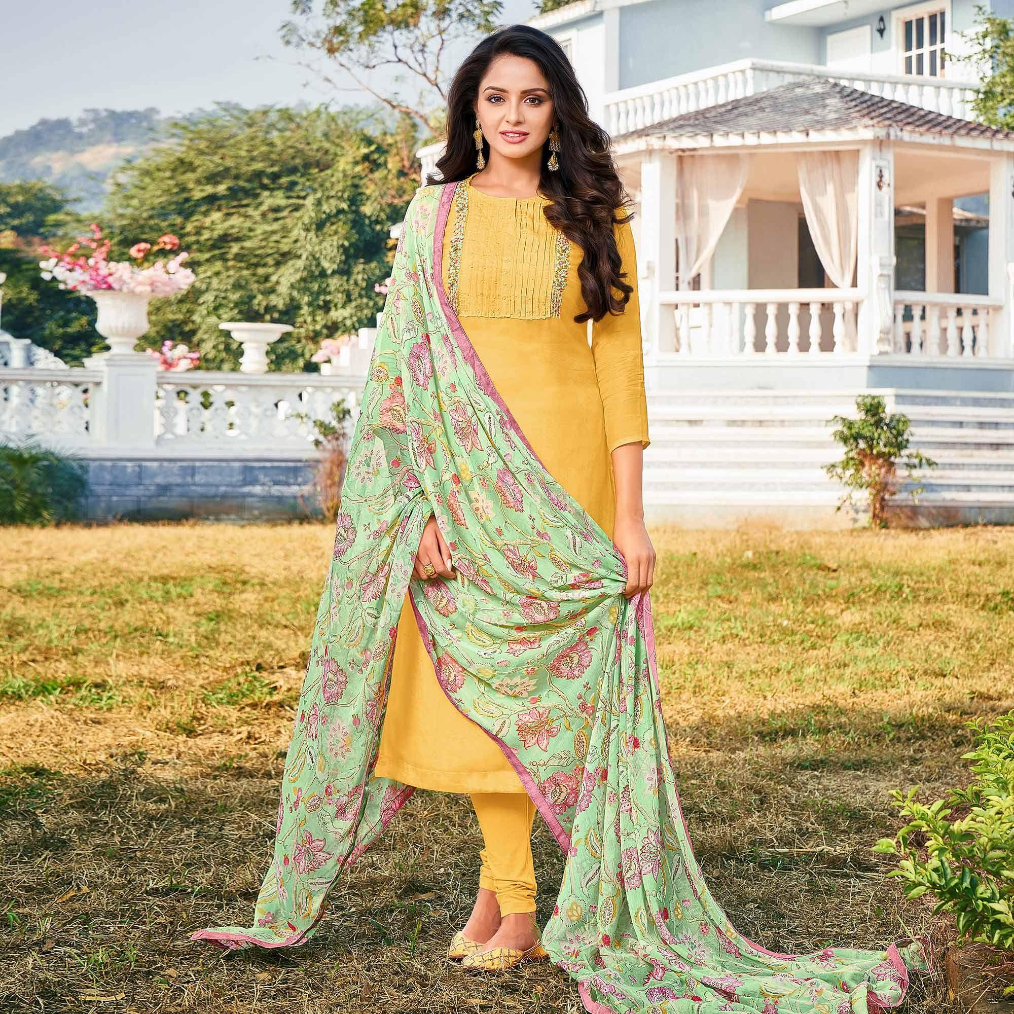 Yellow Casual Wear Embroidered Chanderi Cotton Dress Material - Peachmode