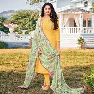 Yellow Casual Wear Embroidered Chanderi Cotton Dress Material - Peachmode