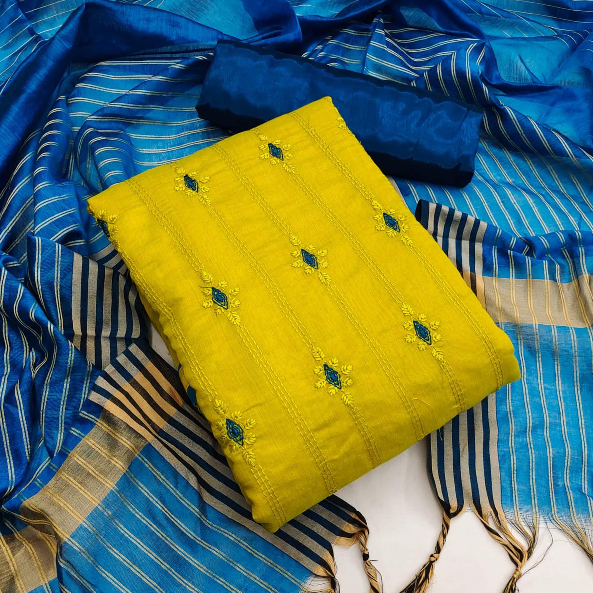Yellow Casual Wear Embroidered Chanderi Dress Material - Peachmode