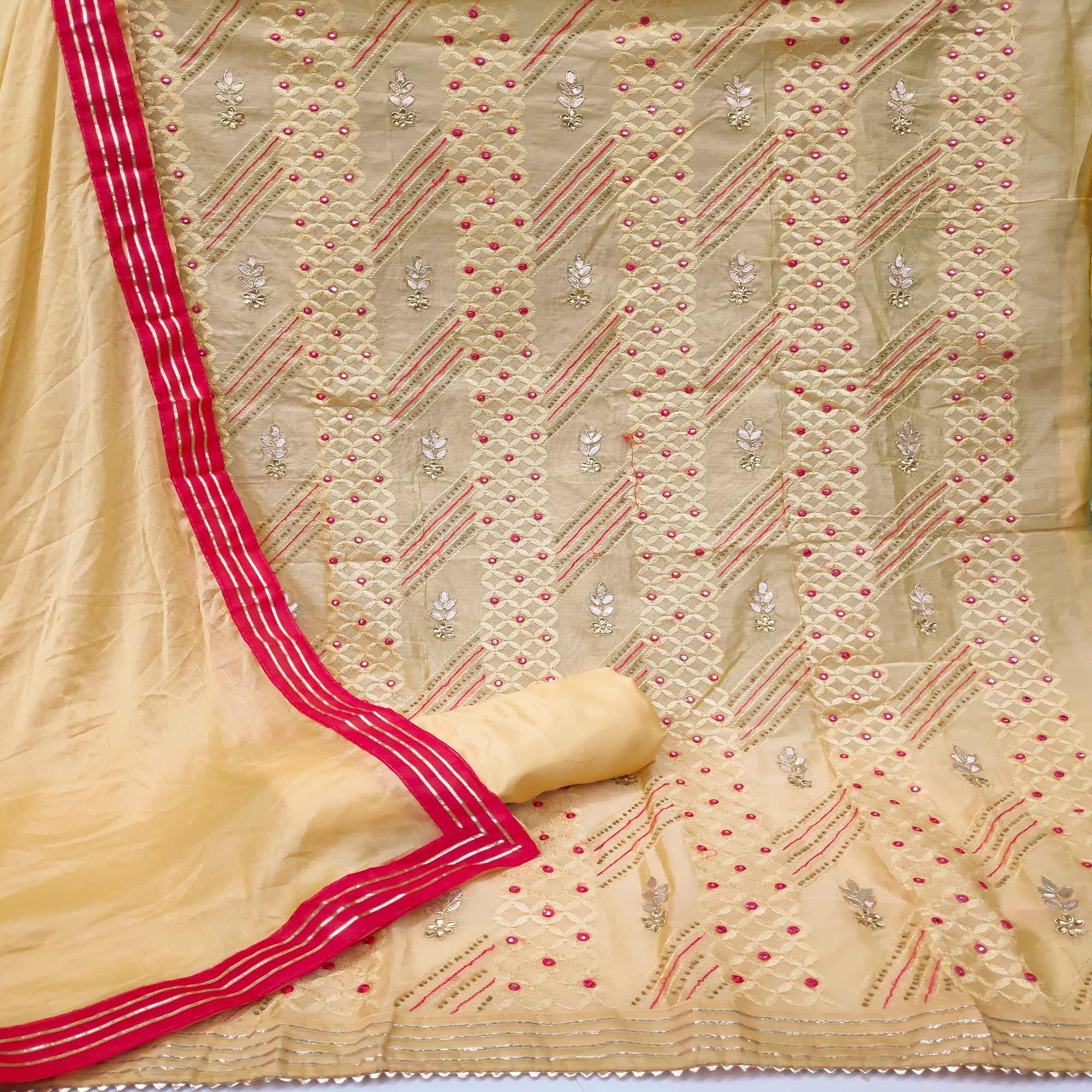 Yellow Casual Wear Embroidered Chanderi Dress Material - Peachmode