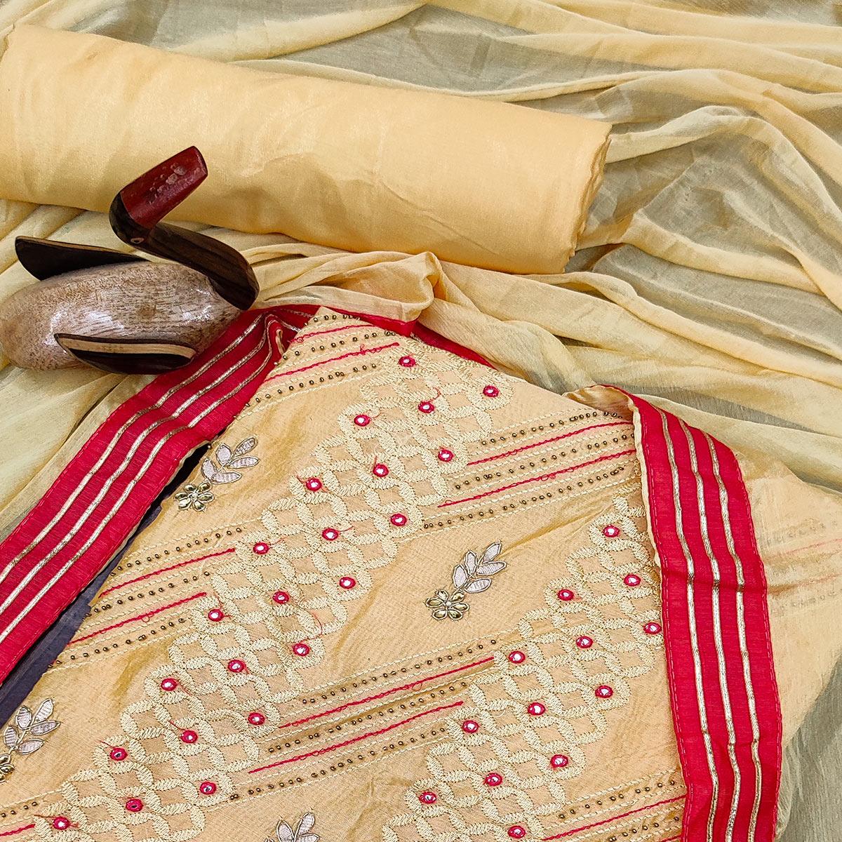 Yellow Casual Wear Embroidered Chanderi Dress Material - Peachmode