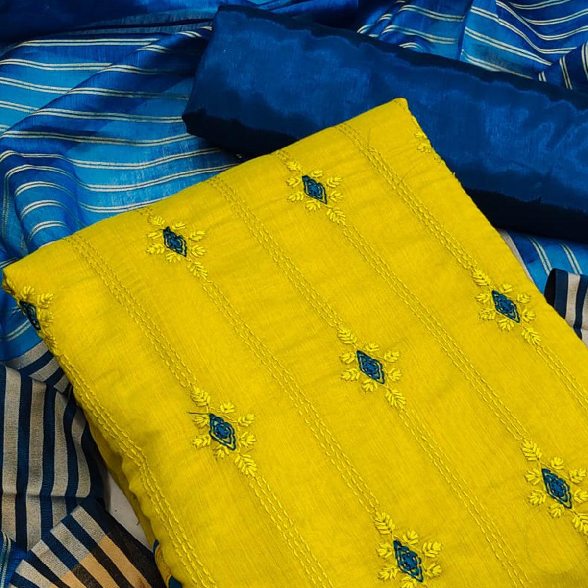 Yellow Casual Wear Embroidered Chanderi Dress Material - Peachmode