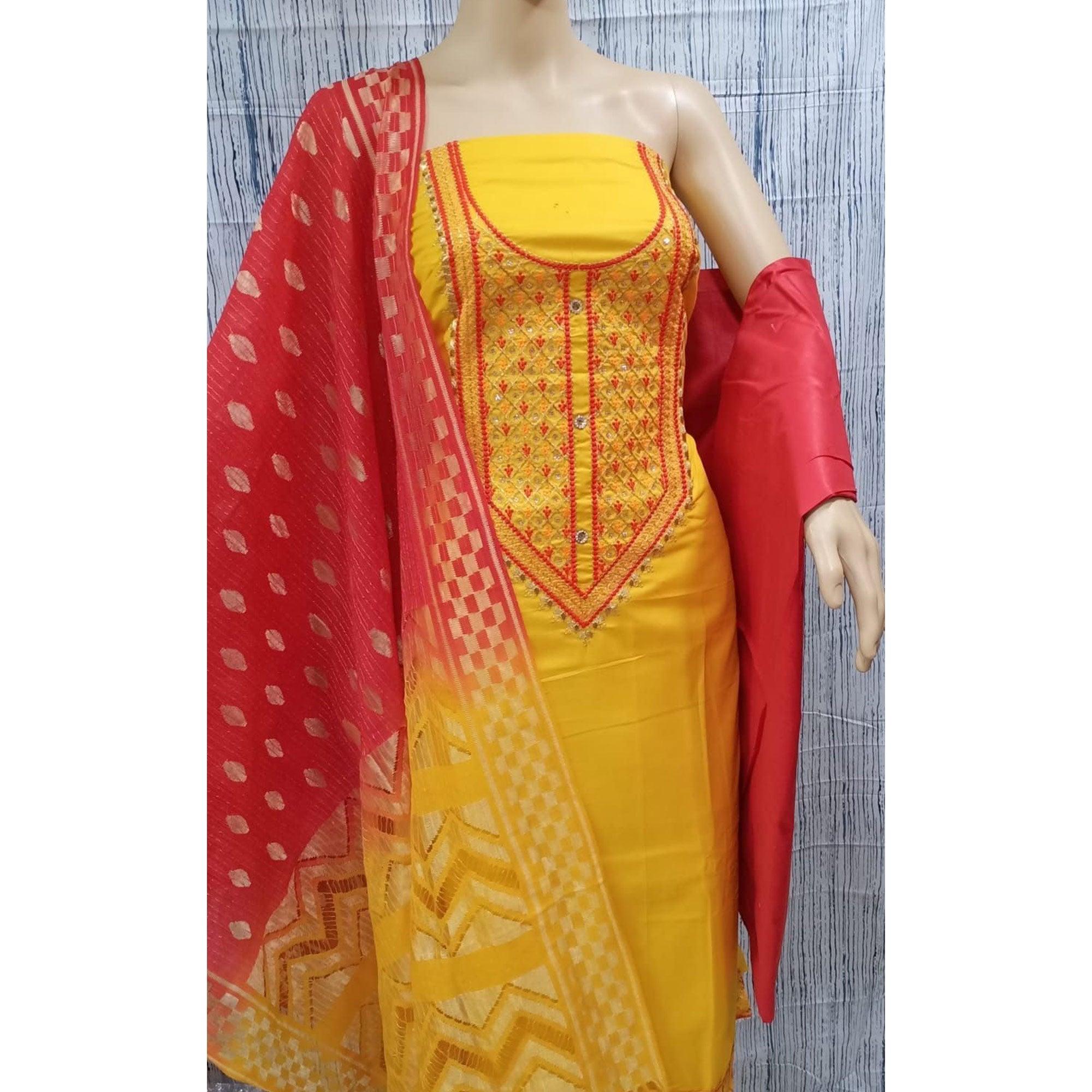 Yellow Casual Wear Embroidered Cotton Dress Material - Peachmode