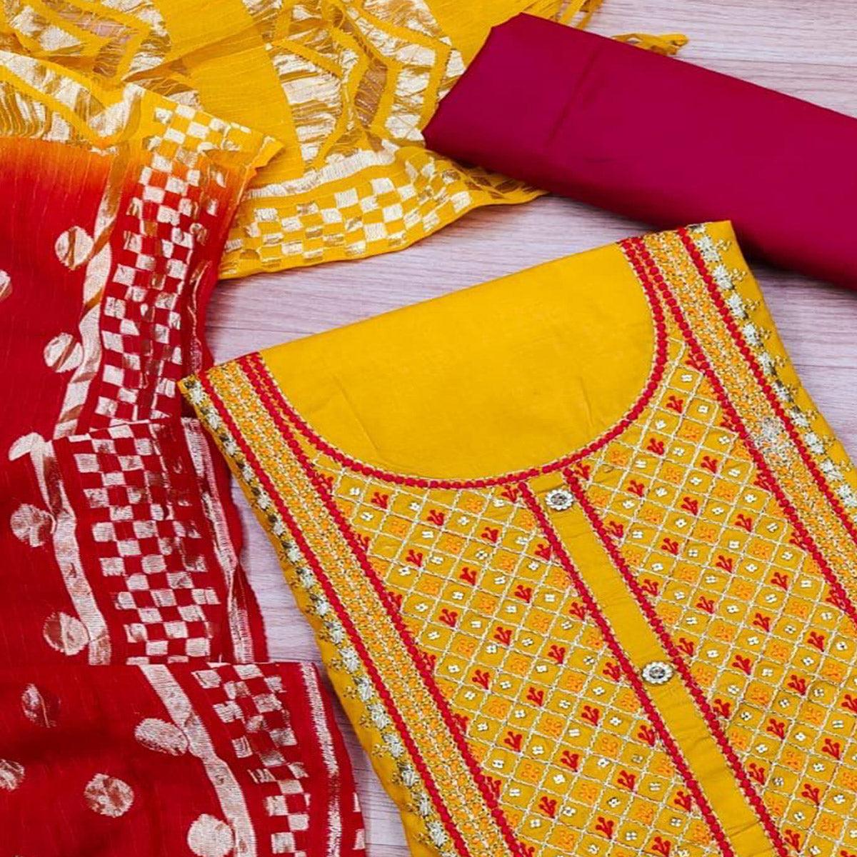 Yellow Casual Wear Embroidered Cotton Dress Material - Peachmode