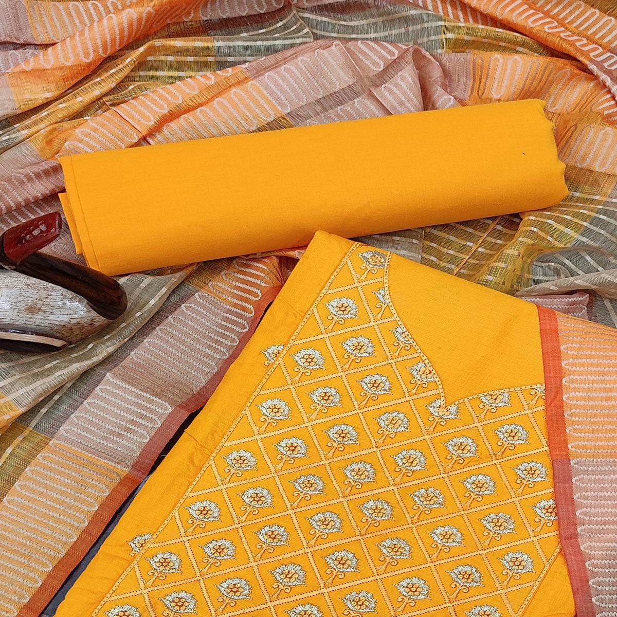 Yellow Casual Wear Embroidered Cotton Dress Material - Peachmode