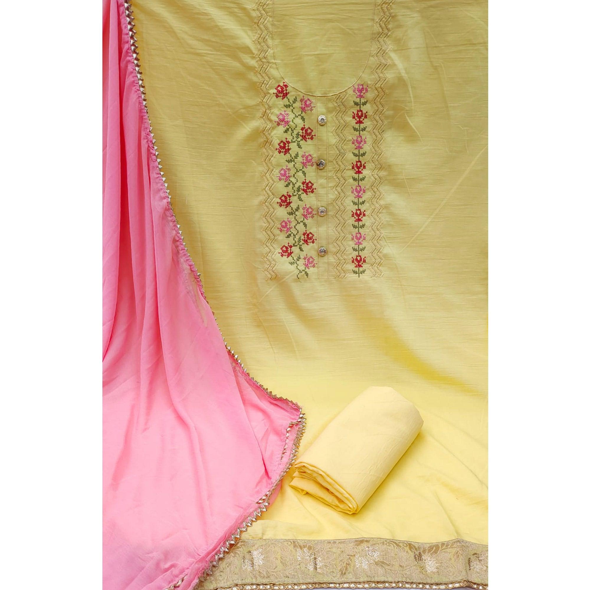 Yellow Casual Wear Embroidered Cotton Dress Material - Peachmode