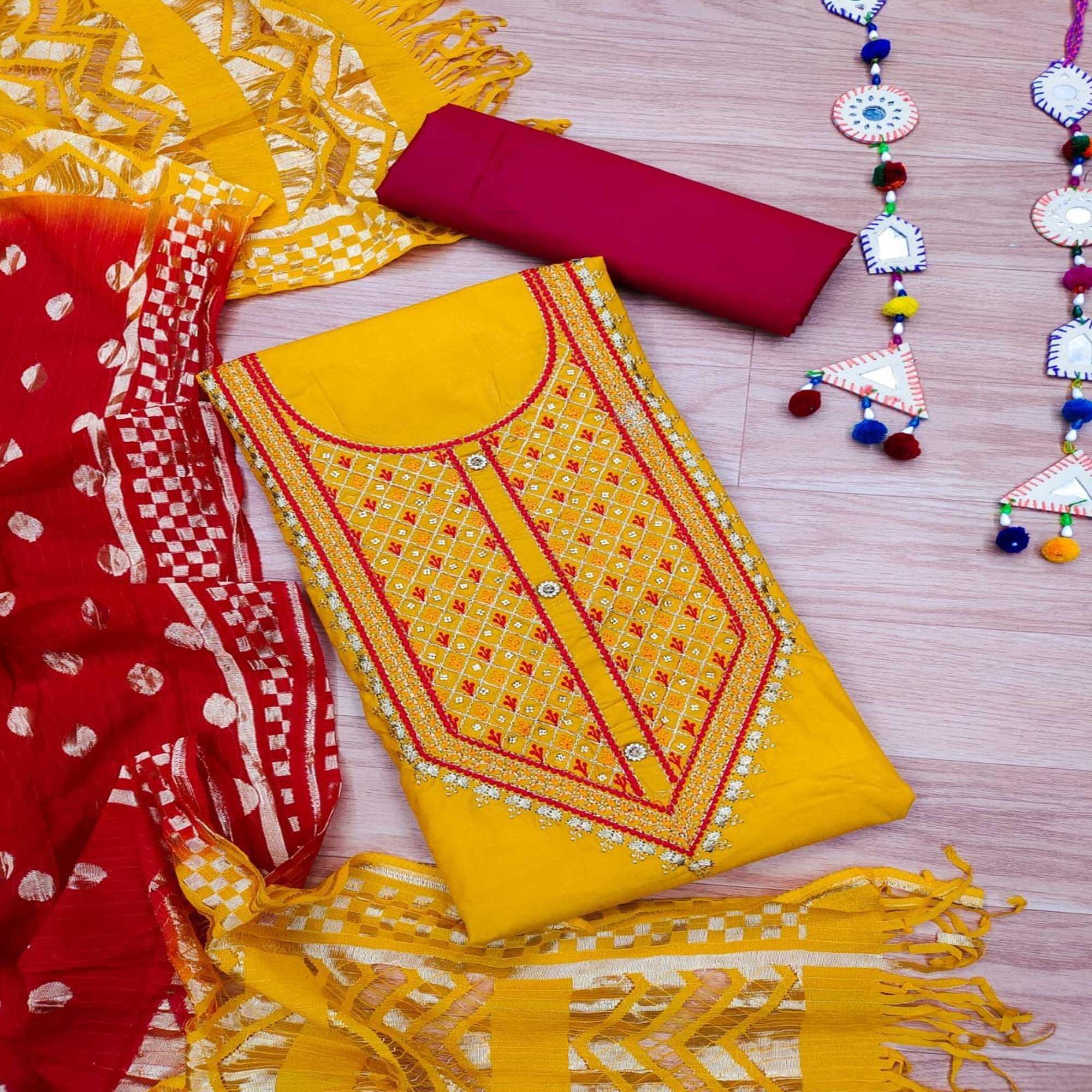 Yellow Casual Wear Embroidered Cotton Dress Material - Peachmode