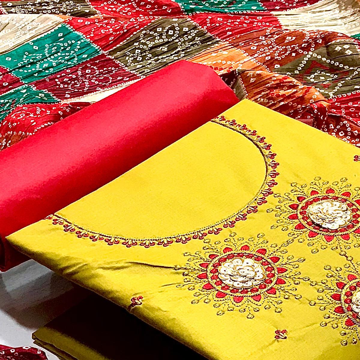 Yellow Casual Wear Embroidered Cotton Dress Material - Peachmode