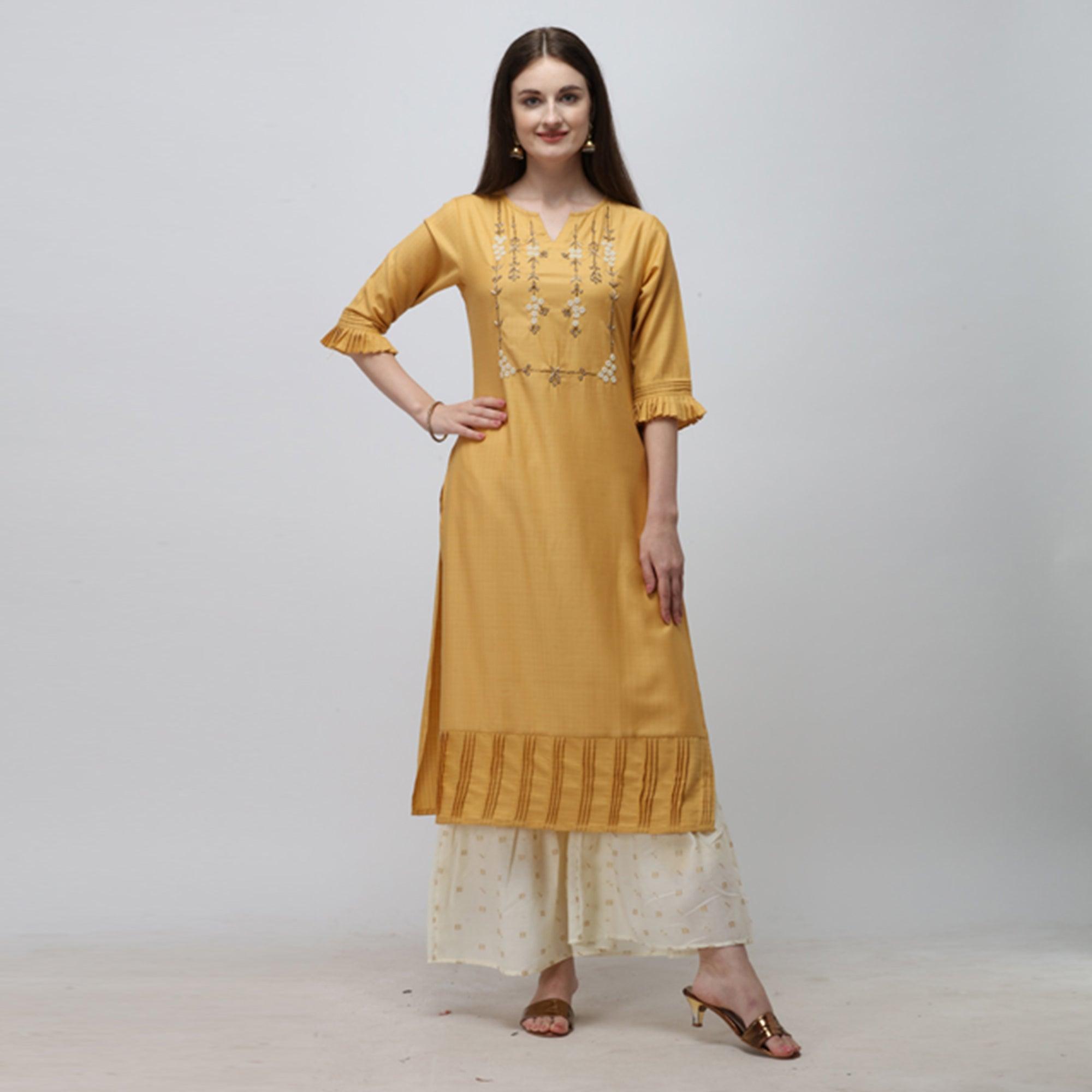 Yellow Casual Wear Embroidered cotton Kurti - Peachmode