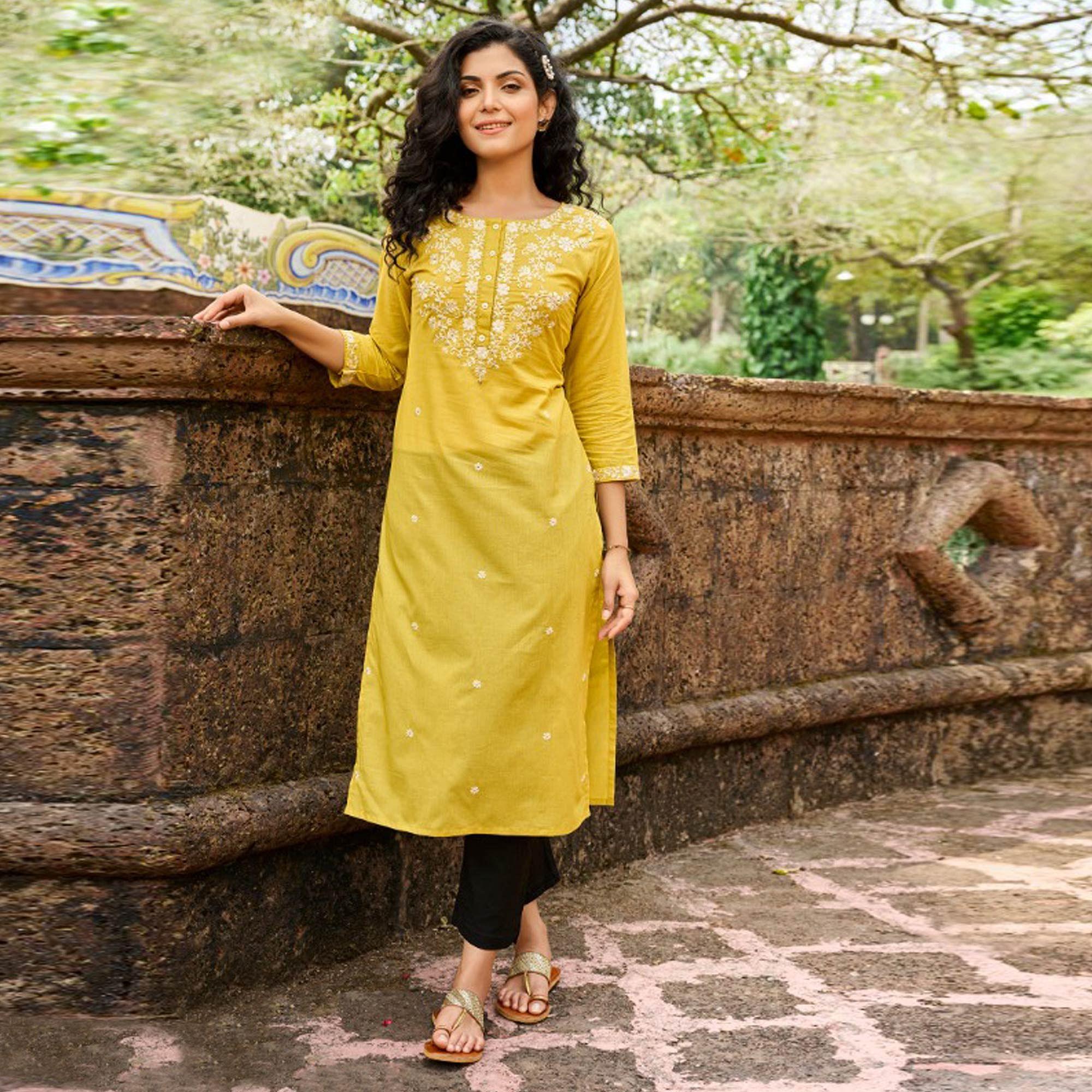 Yellow Casual Wear Embroidered Cotton Kurti - Peachmode