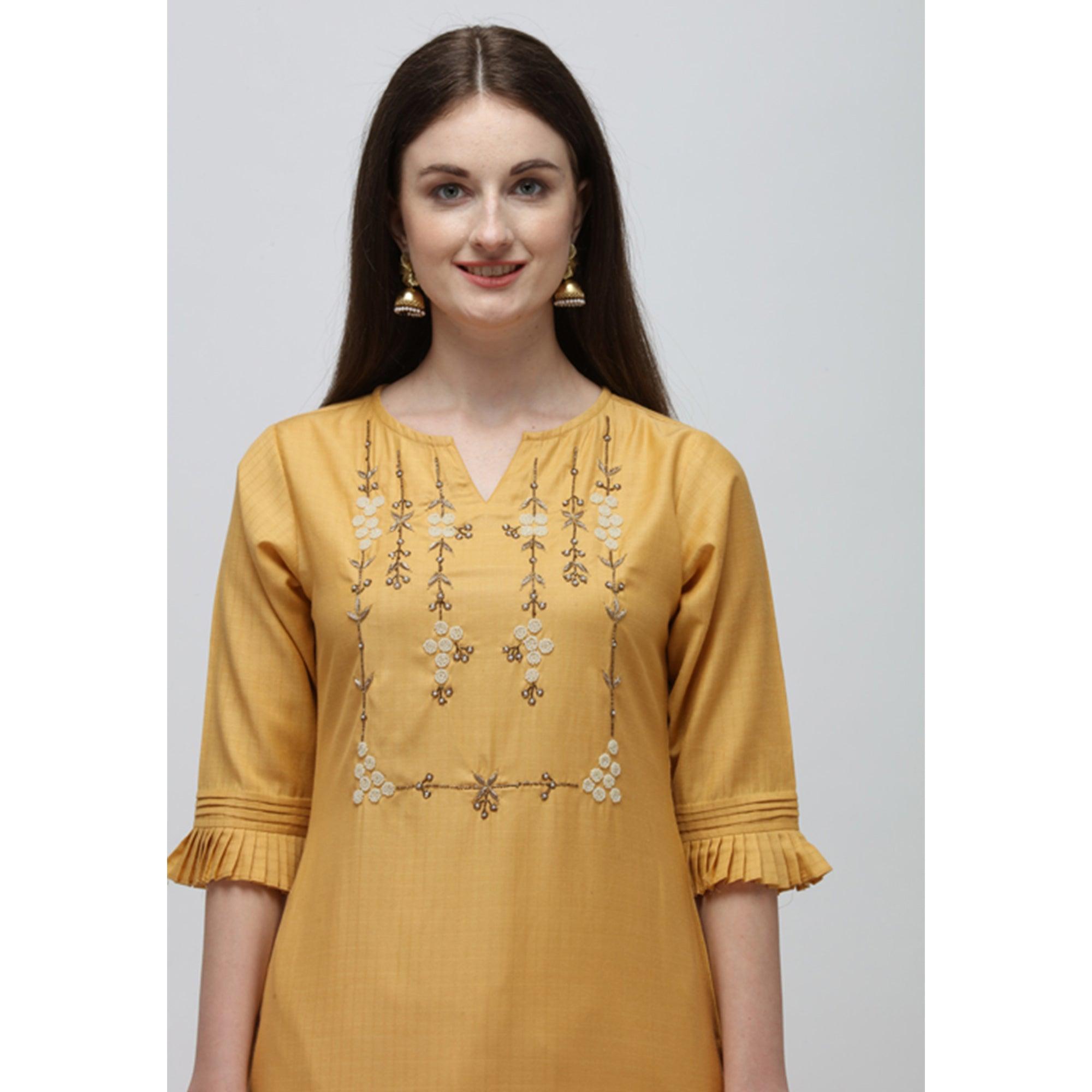 Yellow Casual Wear Embroidered cotton Kurti - Peachmode