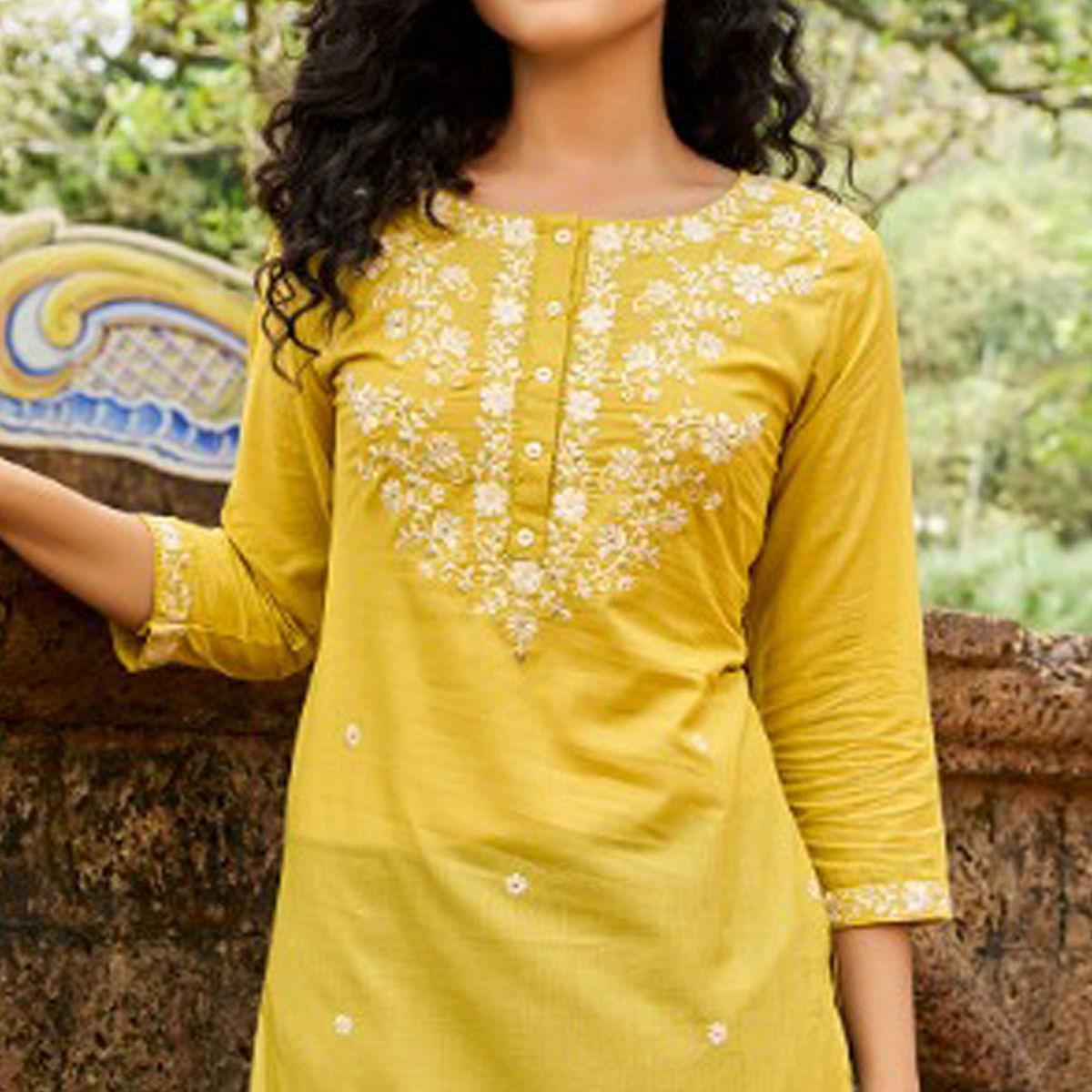Yellow Casual Wear Embroidered Cotton Kurti - Peachmode