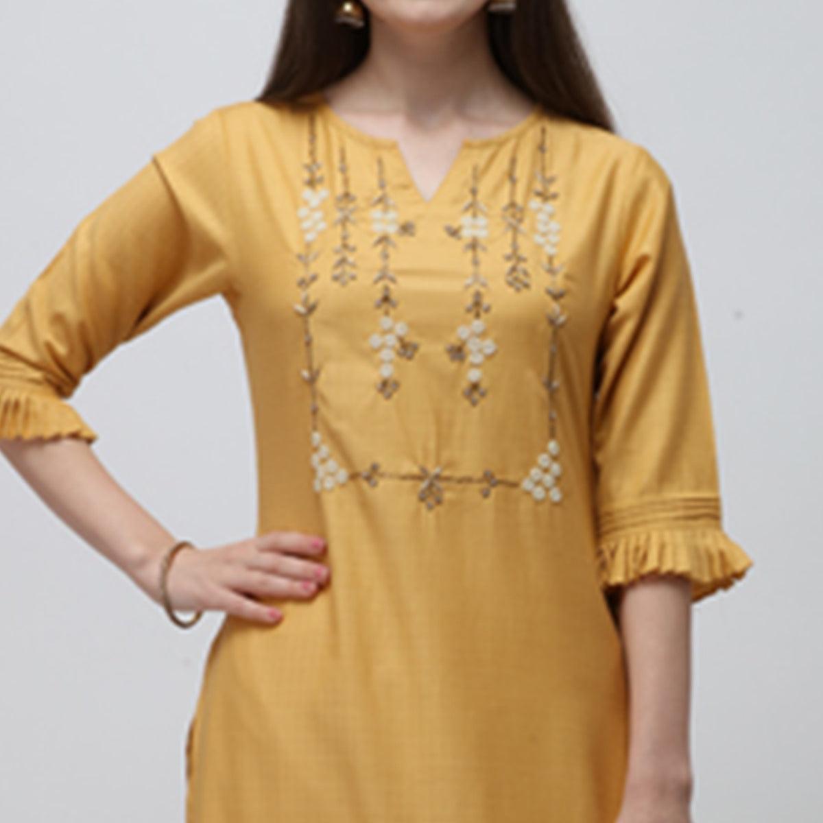 Yellow Casual Wear Embroidered cotton Kurti - Peachmode