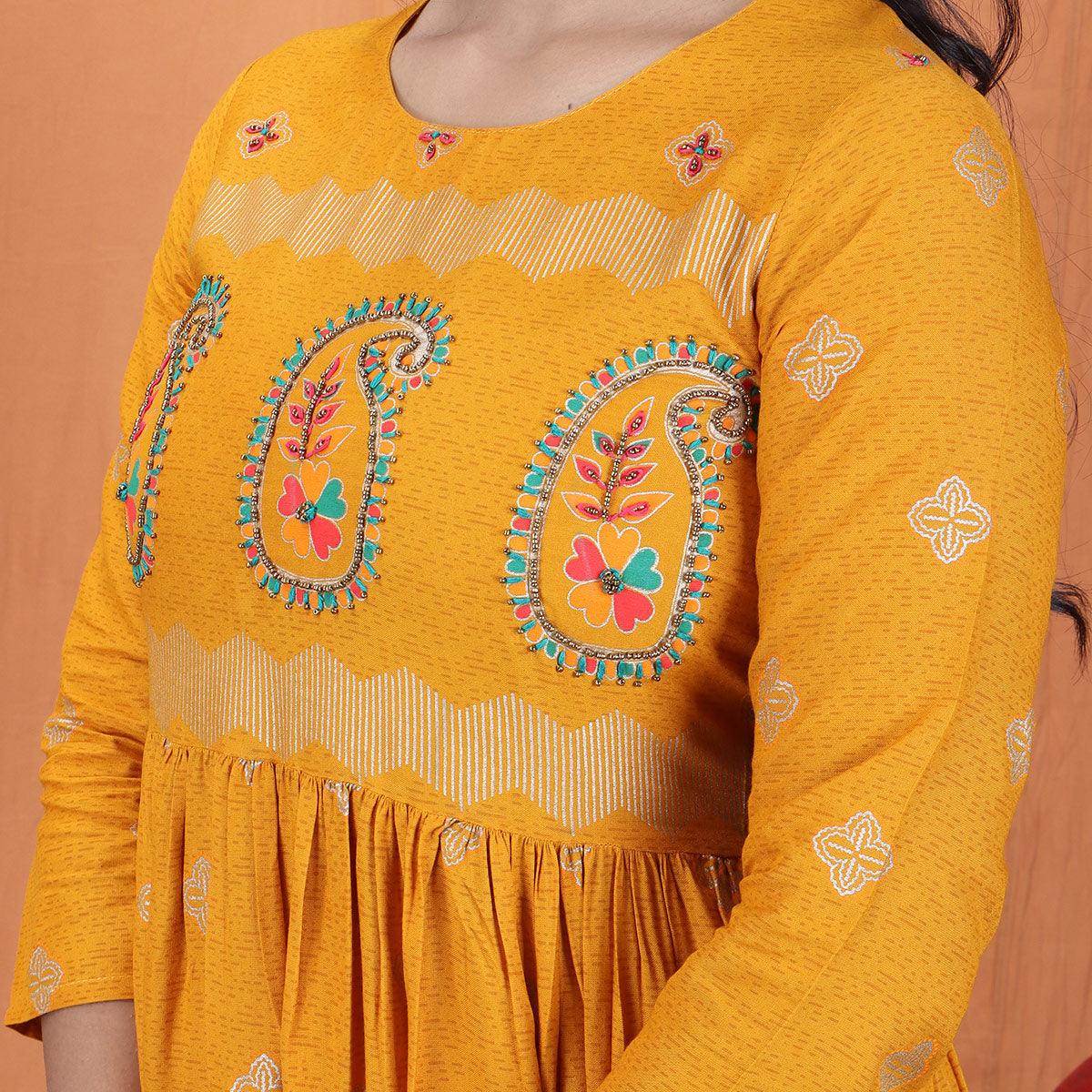 Yellow Casual Wear Embroidered Cotton Long Kurti - Peachmode