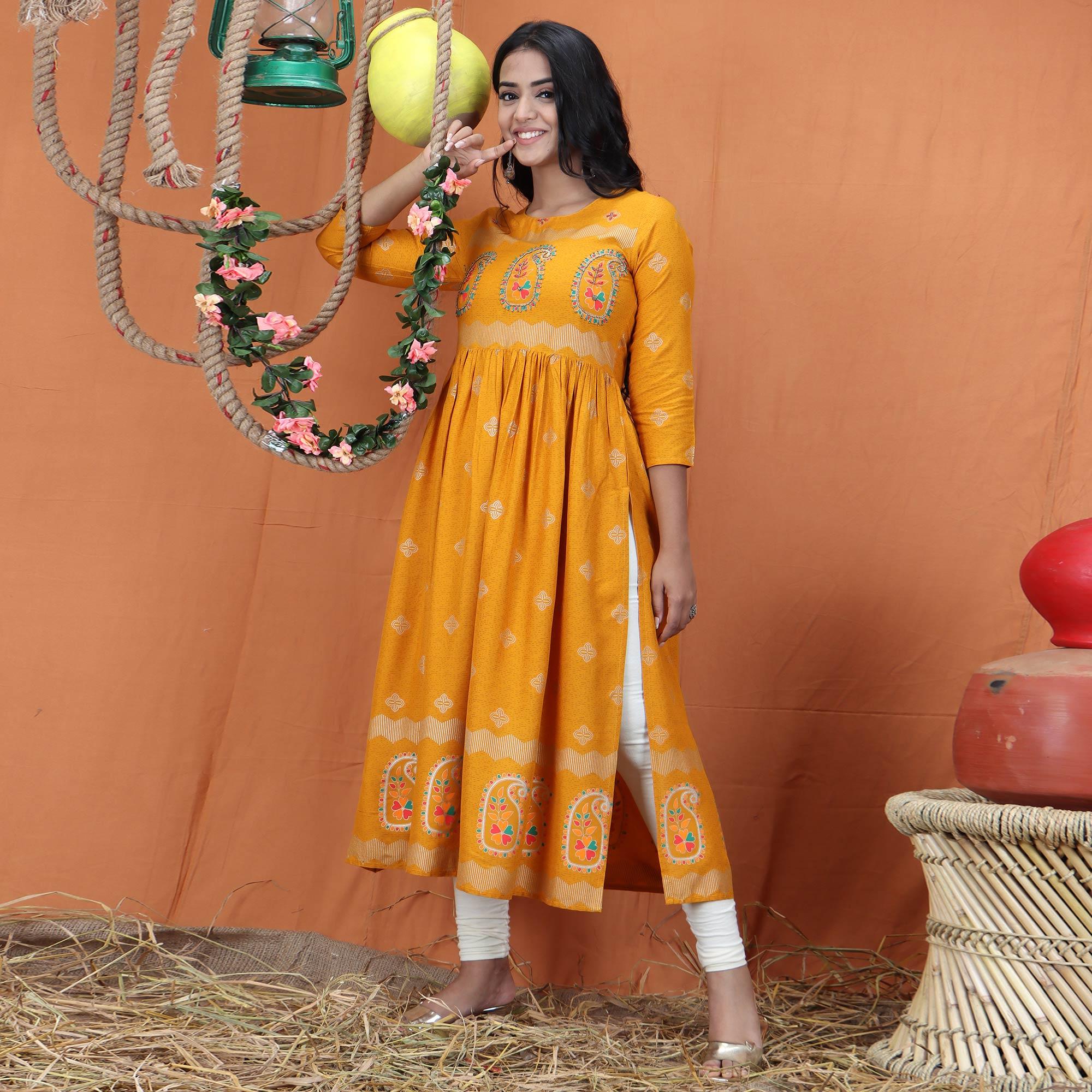 Yellow Casual Wear Embroidered Cotton Long Kurti - Peachmode