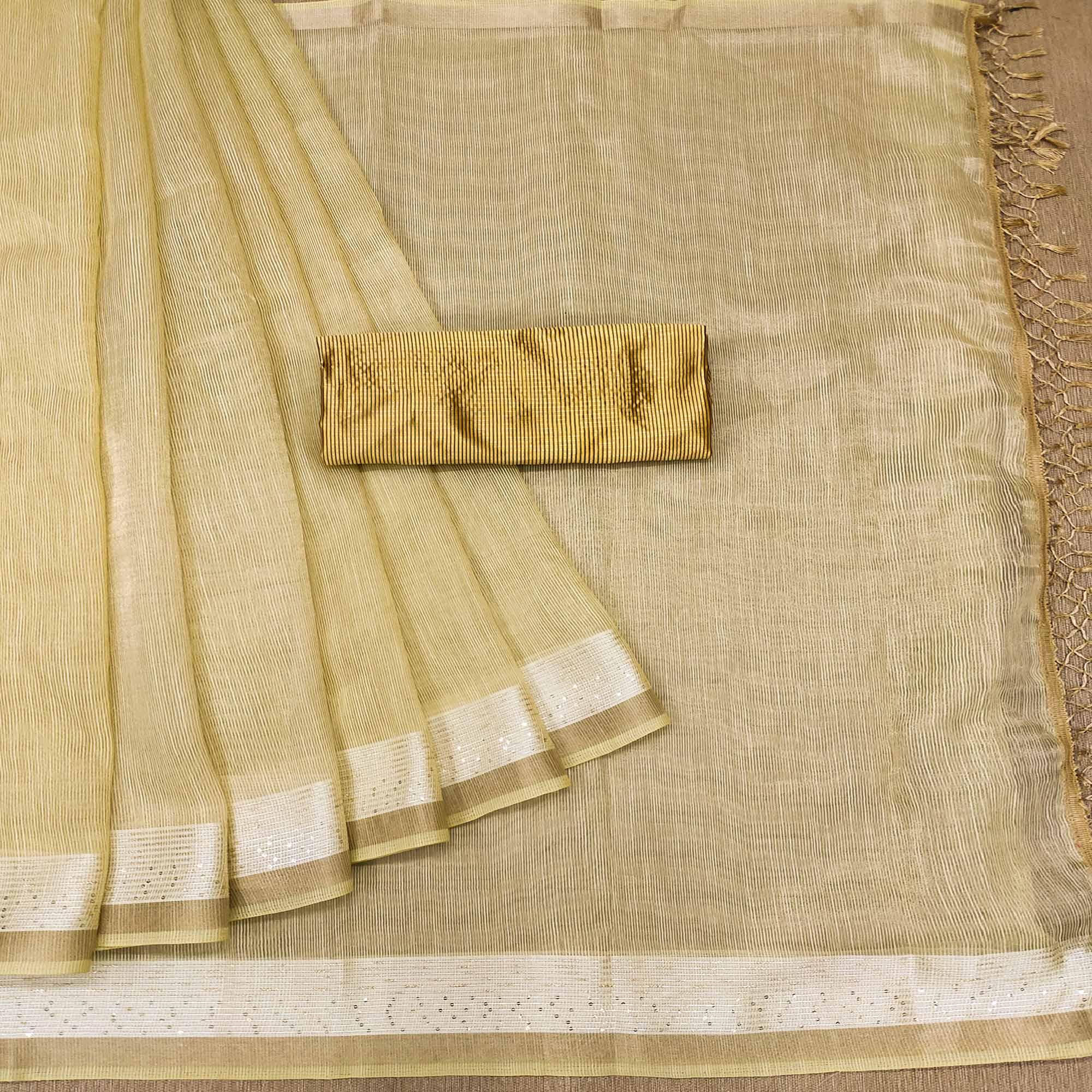 Yellow Casual Wear Embroidered Cotton Saree With Tassels - Peachmode