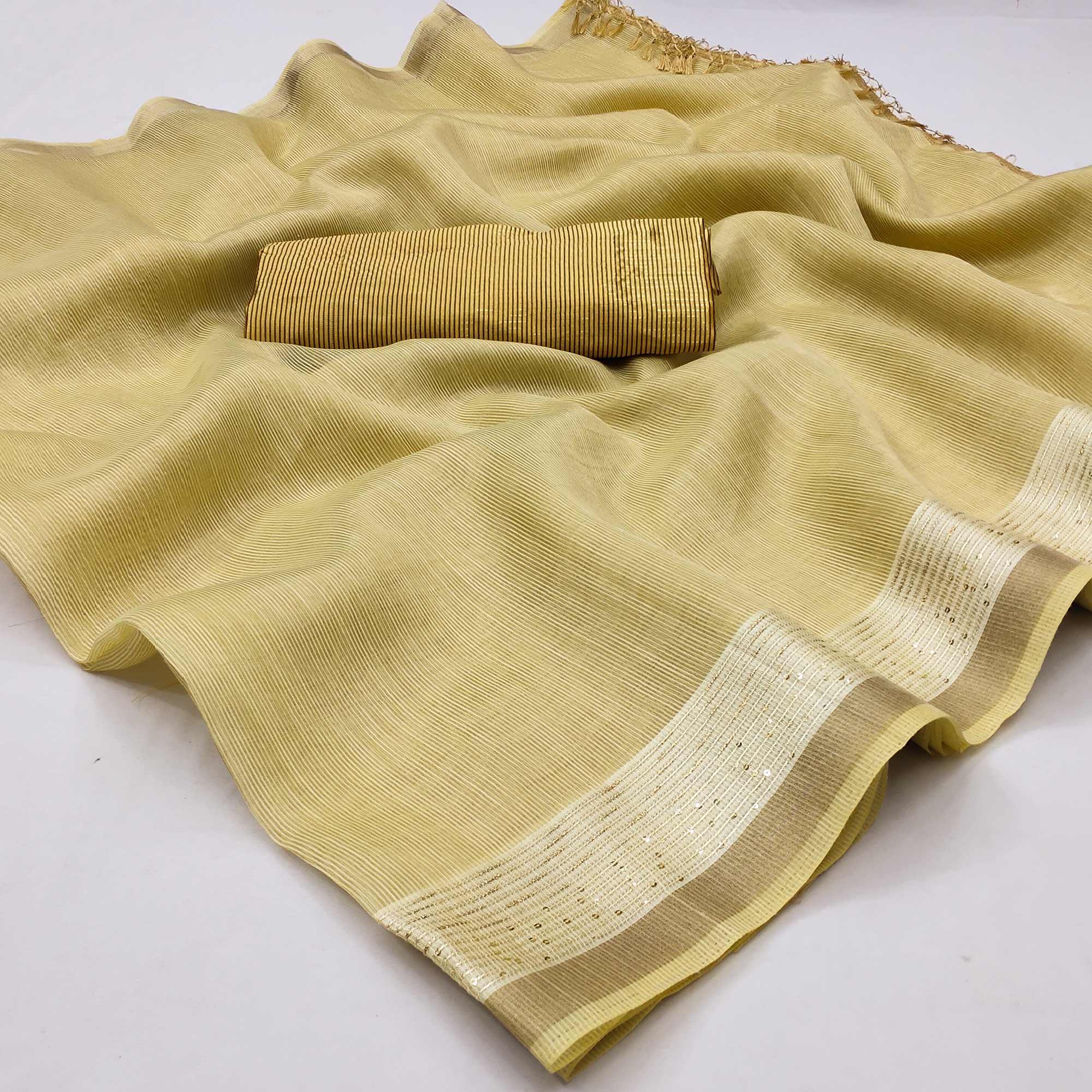 Yellow Casual Wear Embroidered Cotton Saree With Tassels - Peachmode