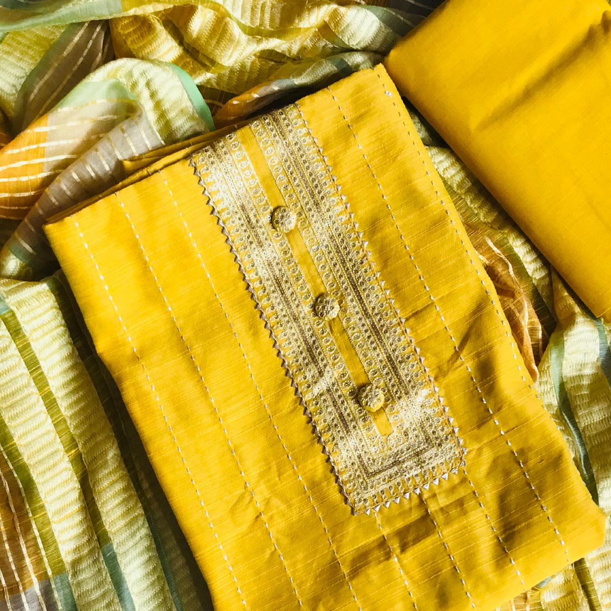 Yellow Casual Wear Embroidered Cotton Silk Dress Material - Peachmode